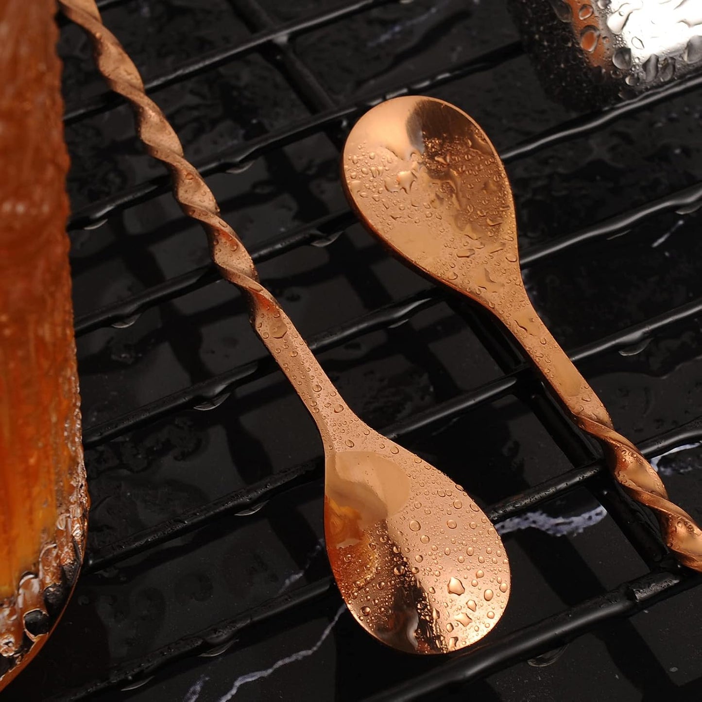 AnSaw Rose Gold 10-Inch Stainless Steel Cocktail Spoon with Leaf Handle - Perfect for Mixing & Layering Drinks in Tall Cups, Bar & Shakers - Durable Long Handle Bar Stirrer,1-Pieces