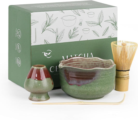 Pottery Matcha Set - Japanese Handcrafted Matcha Tea Bowl Mineral Glaze Bowl with Spout, Bamboo Whisk, Scoop & Chasen Holder | 4pc Tea Ceremony Kit for Matcha Lovers (Forest Glow)