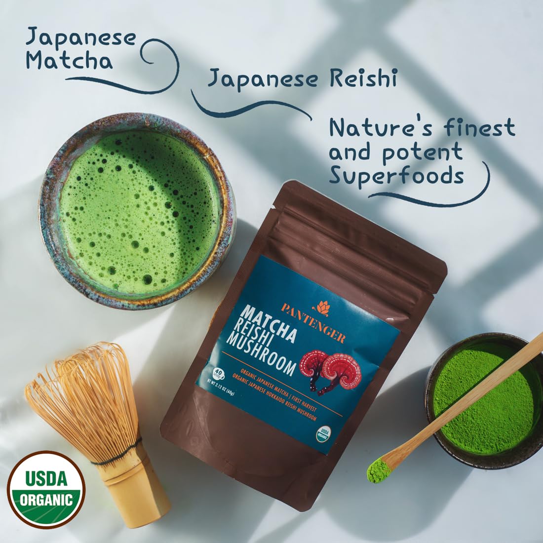 Pantenger Matcha Green Tea Powder and Reishi Mushroom. 2.12 OZ (60 grams). USDA ORGANIC. Japanese Reishi Mushroom with Japanese Matcha Tea.