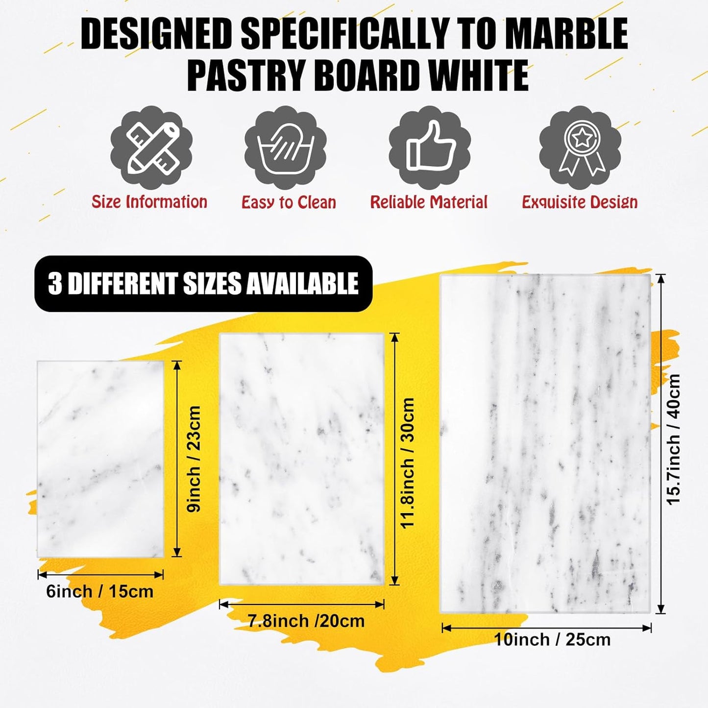 Hushee White Marble Board for Kitchen Marble Serving Tray 3 pcs Different Sizes 9 x 6'' 12 x 8'' 16 x 10'' and Non Slip Feet Pastry Cheese Tray Cutting Board for Pizza Bread Cake Baking Display