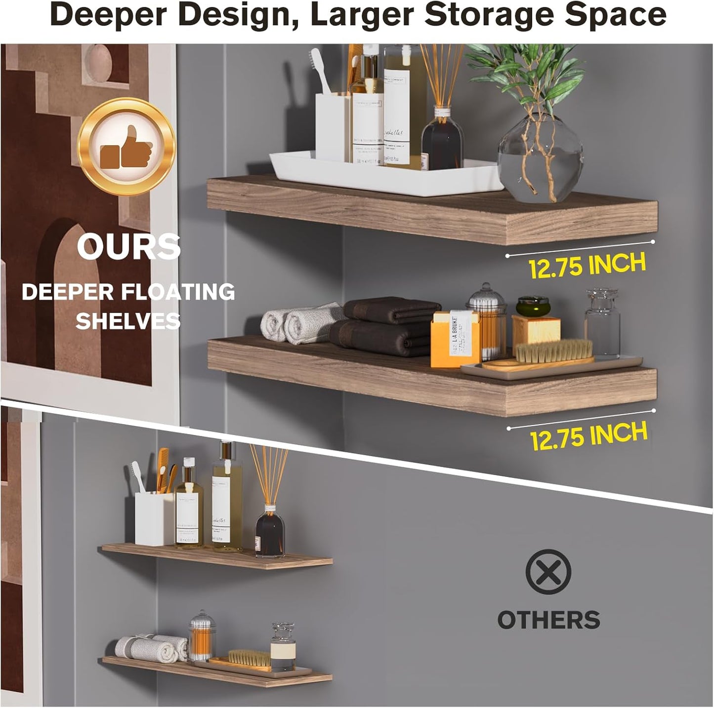 Floating Shelf, Set of 3 Wall Shelf, 30 in W x 12.75 in D x 2 in H Wooden Floating Wall Shelf with Invisible Brackets for Living Room/Bedroom/Bathroom/Kitchen Storage and Decor, Walnut