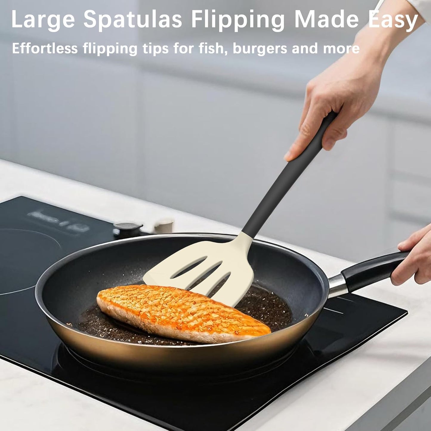 Coukre Silicone Spatula Set of 3, High Heat Resistant, BPA-Free, Kitchen Utensils, Fish Spatula, Solid & Slotted Turner for Non-Stick Pans, Flipping Eggs, Pancakes, Fish, Burgers (3, Beige)