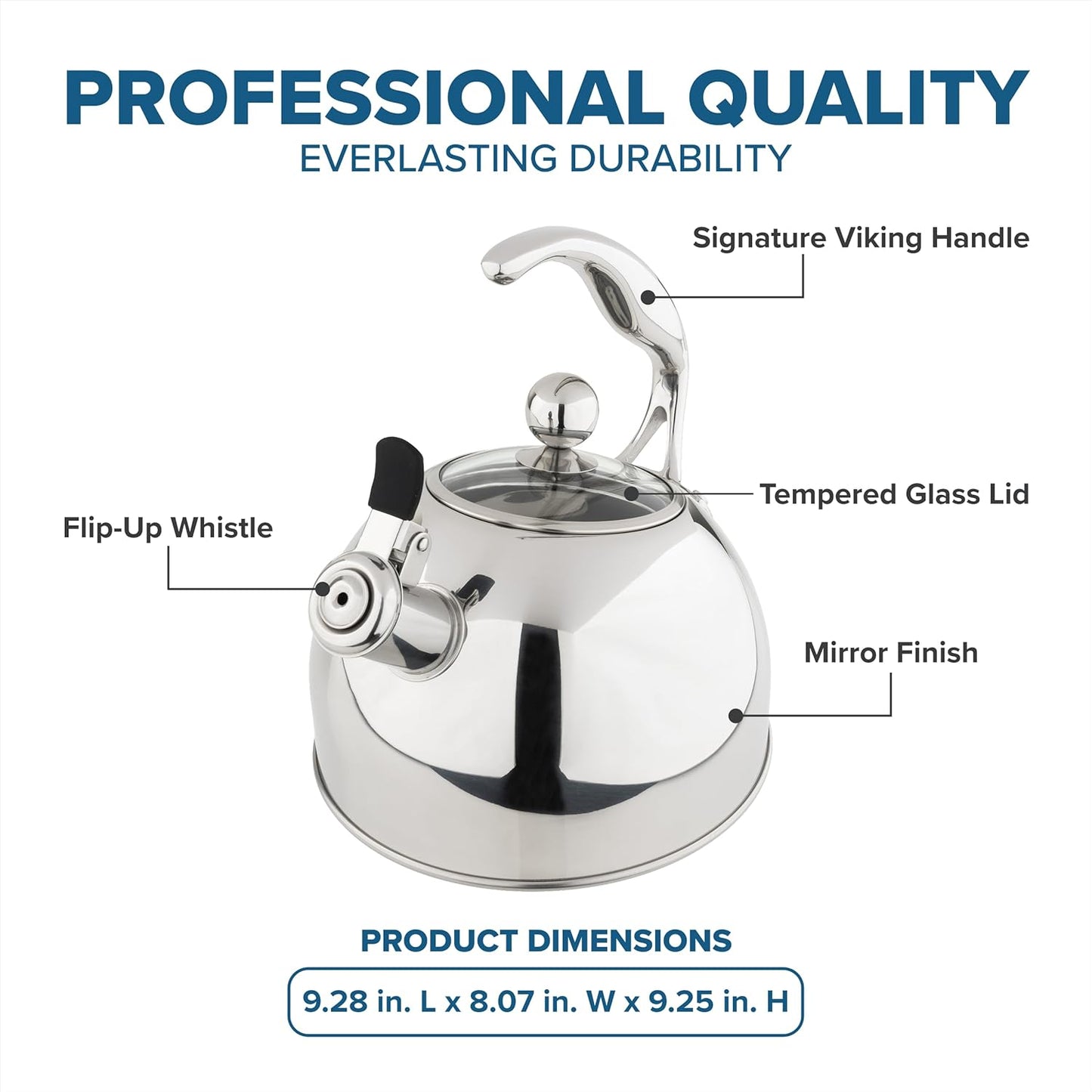 Viking 3-Ply Stainless Steel Tea Kettle, 2.6 Quart Stovetop Hot Water Pot with Tempered Glass Lid, Ergonomic Handle, Induction Ready, Mirror Finish