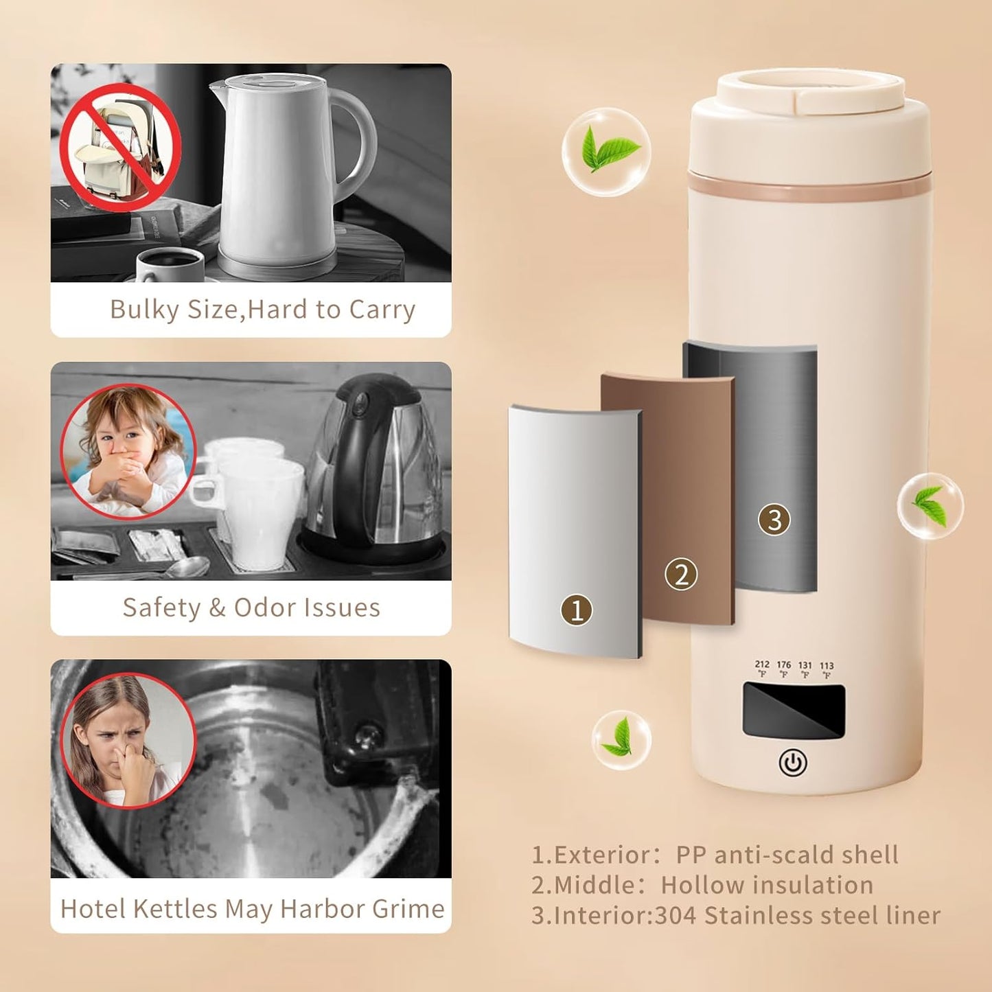 Travel Mini Kettle Portable Electric Kettle with Plug-in Boiling & Keeps Warm via USB, Small Water Boiler with 4 Temperature Settings, 304 Stainless Steel with Auto Shut-off 16oz(Beige)