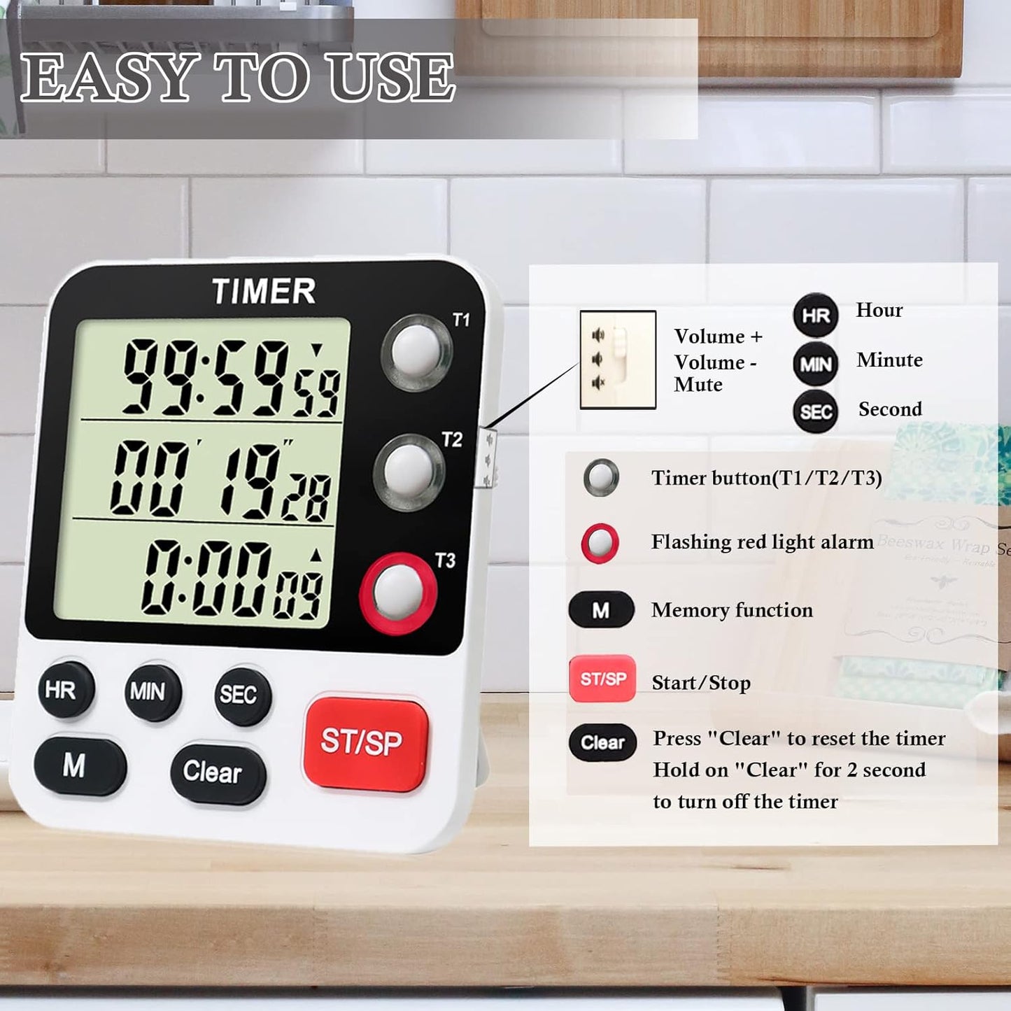 Digital 3 Channels Kitchen Cooking Multiple Timer with Large LCD Count Up Down Stopwatch ON Off Switch Timer for Teaching Reading 3-Level Adjustable Volume with Magnetic Back (Style C)