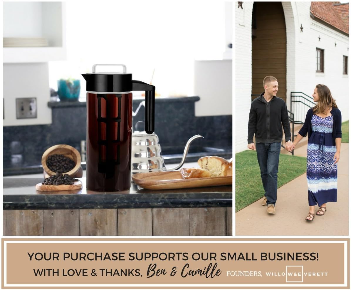 Willow & Everett Cold Brew Coffee & Iced-Tea Maker Pitcher, 1.3 L Glass Dispenser Metal & Plastic Lid Mesh Filter Iced Coffee & Sun Tea Brewing System
