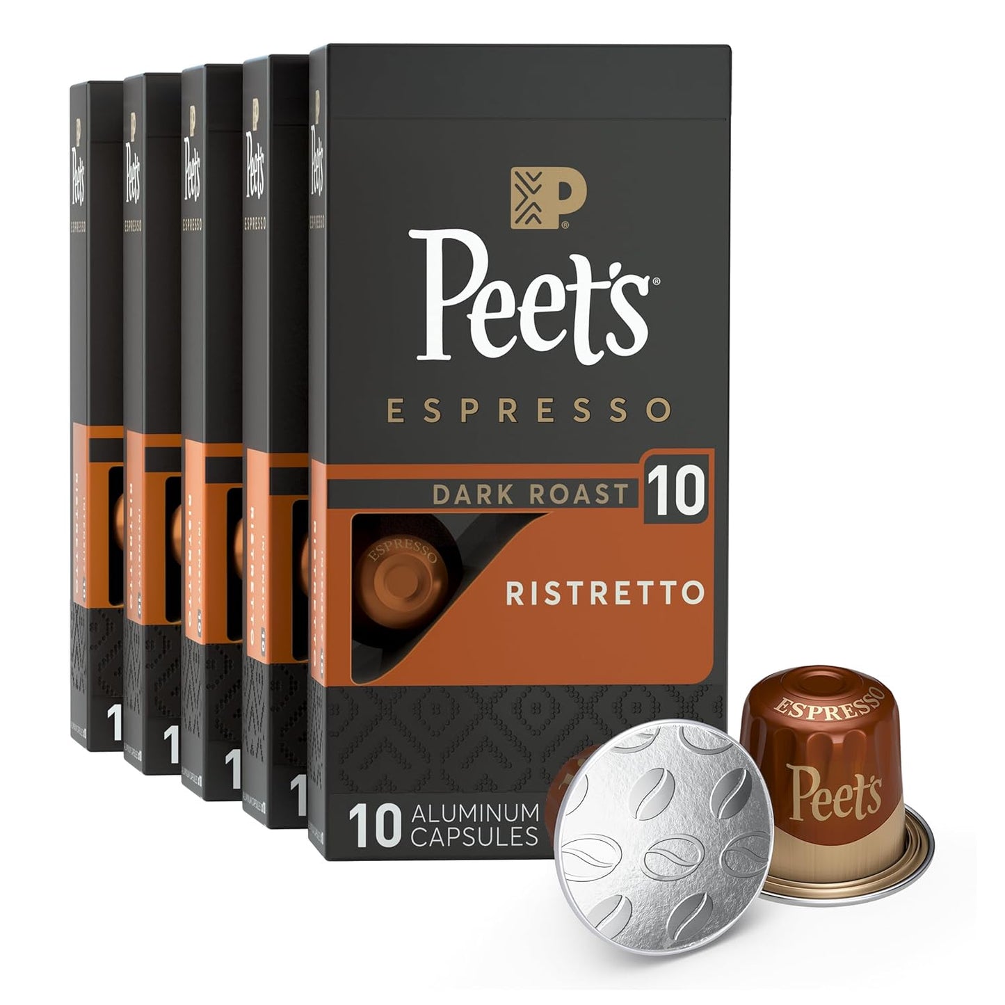 Peet's Coffee, Dark Roast Espresso Capsules, Compatible with Nespresso Original Machine - Ristretto Intensity 10, 50 Count (5 Boxes of 10 Espresso Capsules)