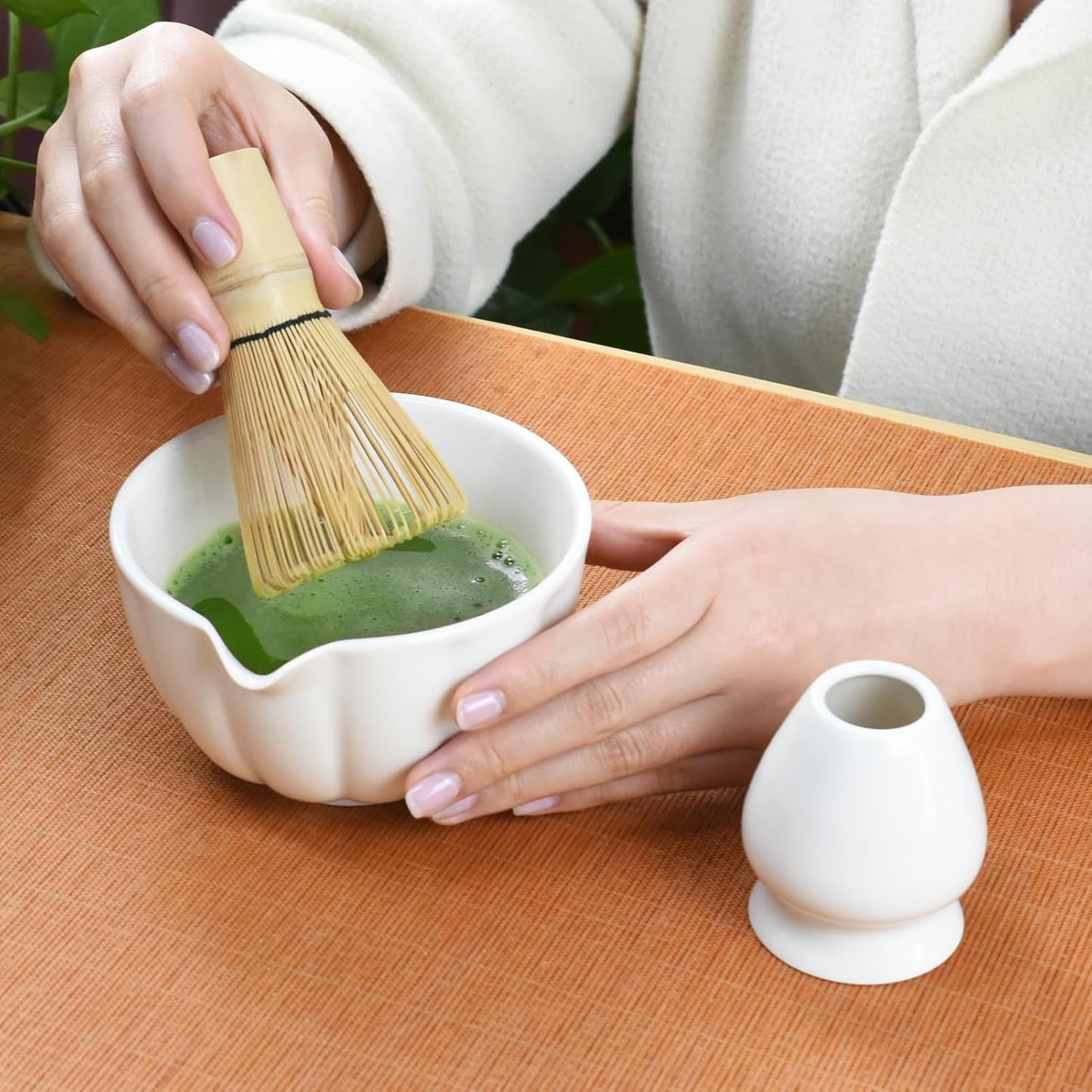 Artcome 4 Pcs Japanese Matcha Tea Set - Matcha Bowl with Pouring Spout, Matcha Whisk, Tea Scoop, Whisk Holder, Handmade Matcha Ceremony Kit For Japanese Tea Ceremony, Ivory