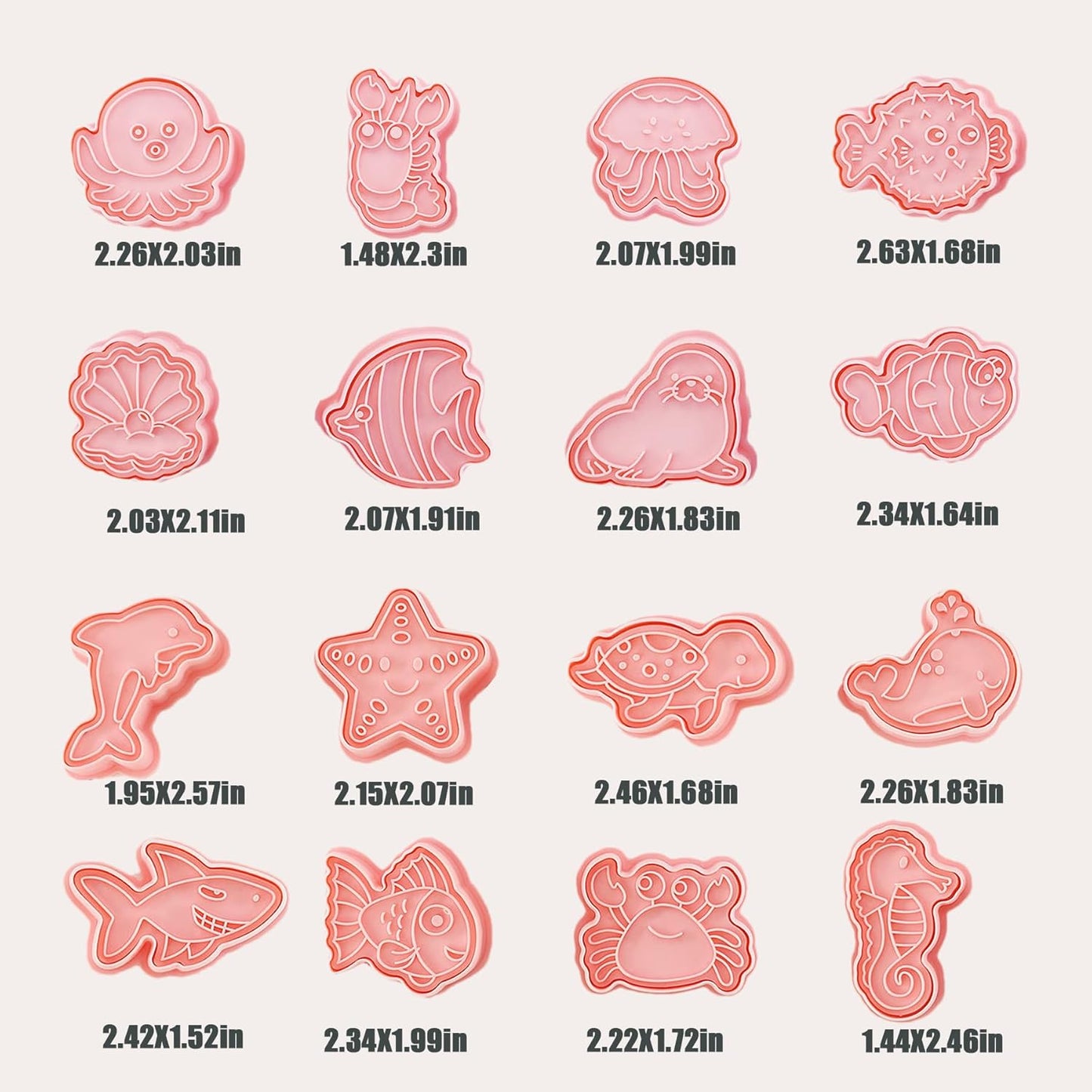 16Pcs Ocean Animal Cookie Cutters with Plunger Stamps Set, Fish, Dolphin, Starfish Plastic Biscuit Cutters, Sea Themed DIY Embossing Cutter for Biscuit Cookie Fondant Cheese Baking (F16)