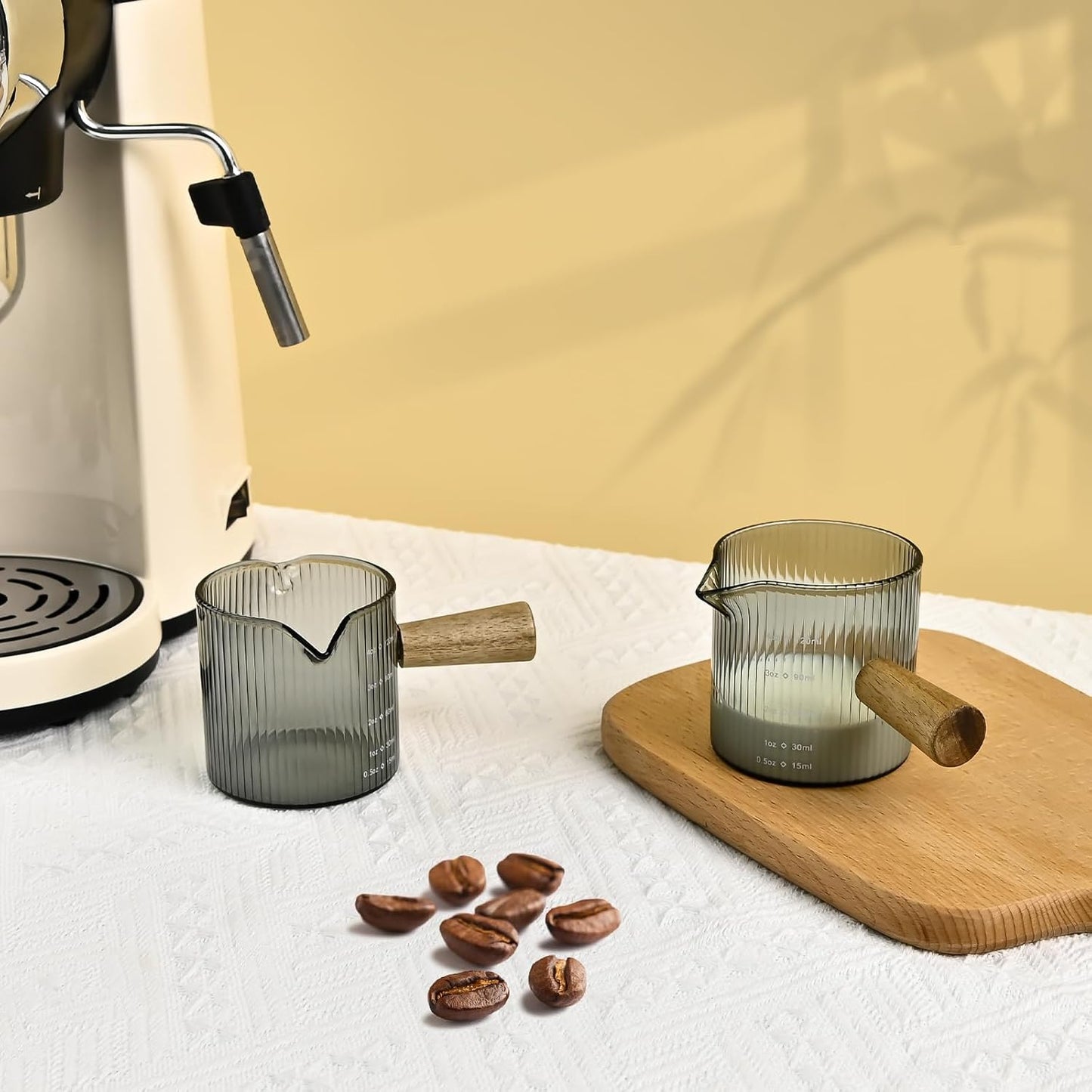 Glass Measuring Cup, 4oz Espresso Shot Glass with Wood Handle, Double Spouts Measuring Triple Pitcher Milk Cup for Coffee Tea (Gray Ribbed）