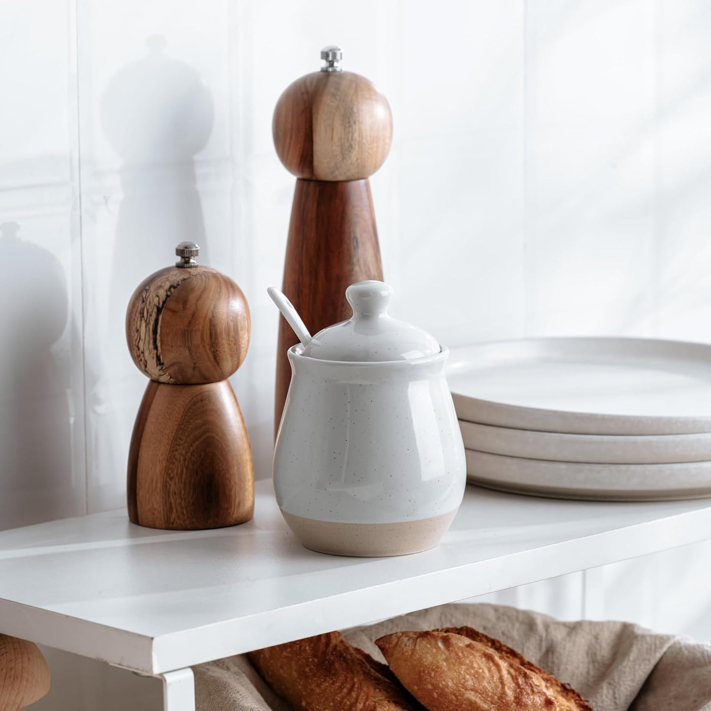 famiware Milkyway Sugar Bowl with Lid and Spoon, 10oz Ceramic Sugar Jar/Pot/Dispenser for Salt, Condiments, Spice, Seasonings, Sugar Container for Coffee Bar, Home, Kitchen, and Countertop, Light Gray