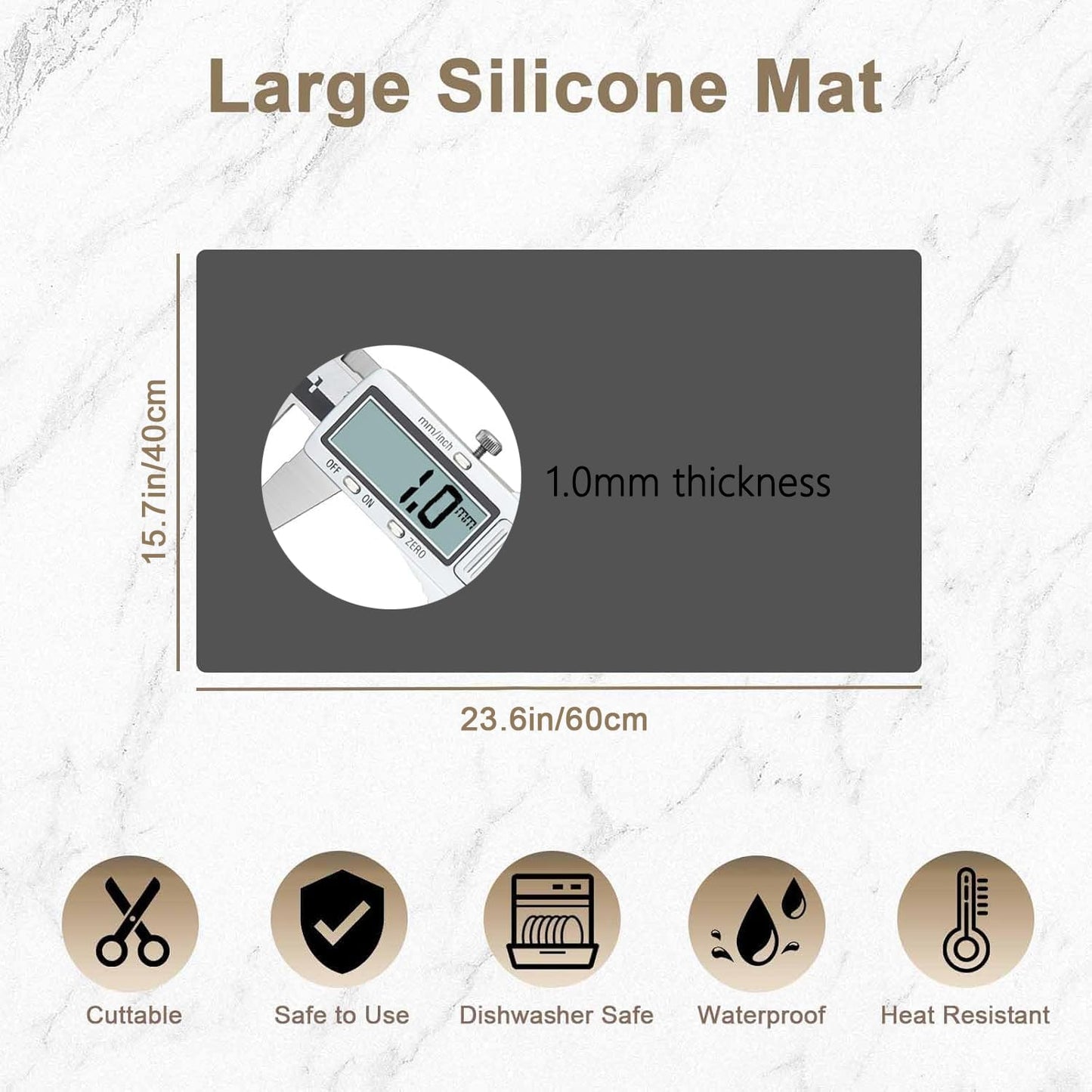 23.6"x15.7"(60cmx40cm) Large Silicone Mat for Kitchen Counter, Non-Slip Heat Resistant Countertop Protector, Waterproof Multipurpose Mat for Kitchen Island, Dark Gray