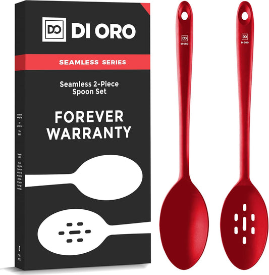 DIORO Silicone Mixing & Serving Spoons - Large Heat-Resistant Non Stick Utensils Big Solid & Slotted Basting & Stirring Spoons - Dishwasher Safe (2pc, Red)