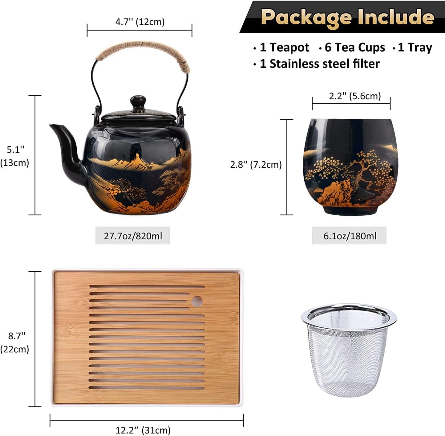 Japanese Tea Set, Black Glazed Tea Set in Gift Box With 1 Teapot, 1 Tea Strainer, 1 Tea Tray and 6 Tea Cups. Ideal Tea Set for Office Home, Asian Tea Sets for Tea Lovers(Landscape Black and Black Cup)