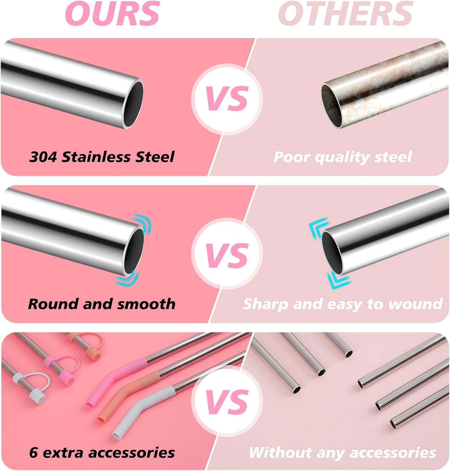 Stainless Steel Straws with covers fit Stanley 40 oz tumbler, Reusable 12 Inch Metal Straw with Silicone Tips & Cover Caps, Compatible with Stanley Quencher H2.0 (6 Pack: 3 Bent + 3 Straight)