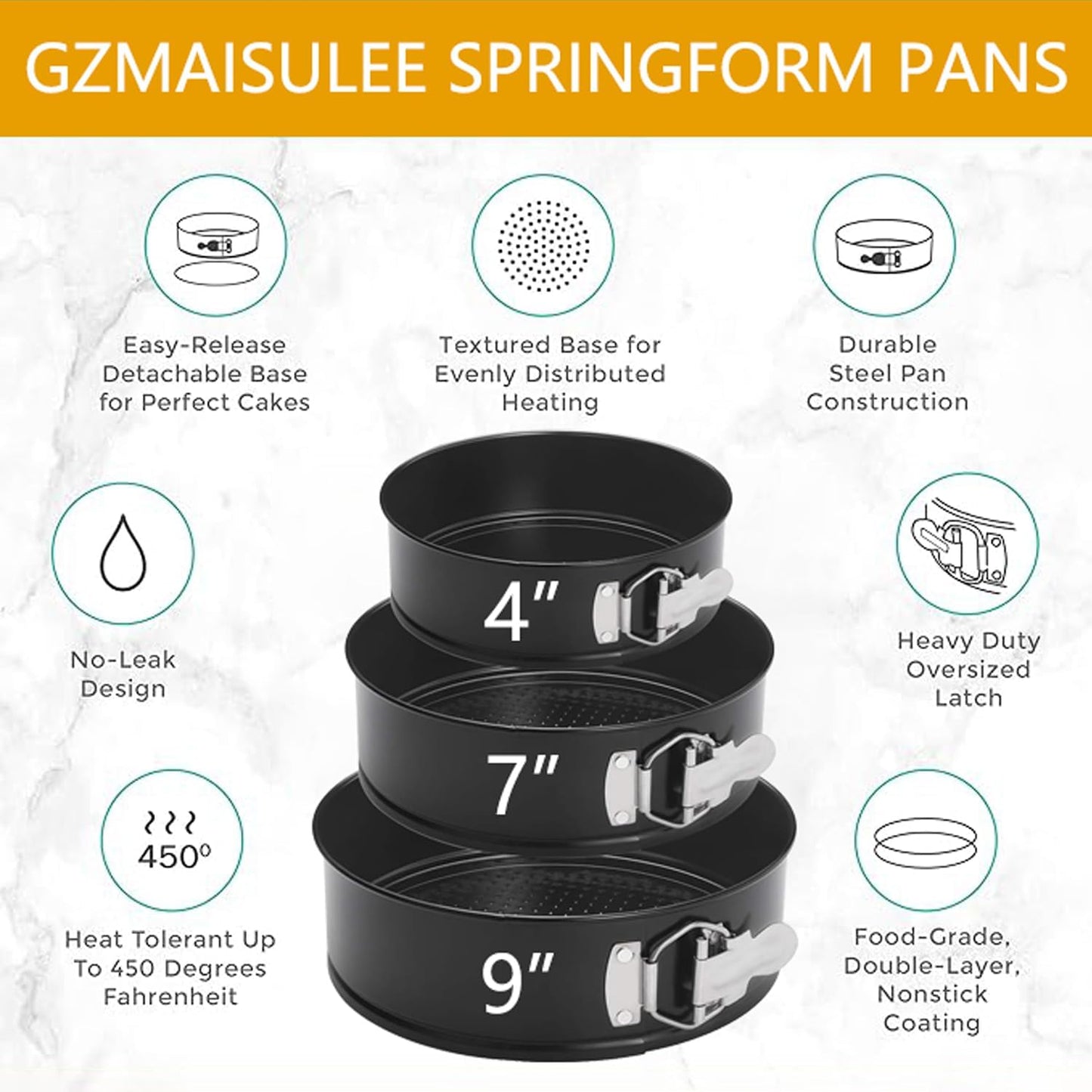 Springform Cake Pan Set of 3 (4, 7, 9 Inch) Round Leakproof Nonstick Cheesecake Pans with Removable Bottom Carbon Steel Bakeware