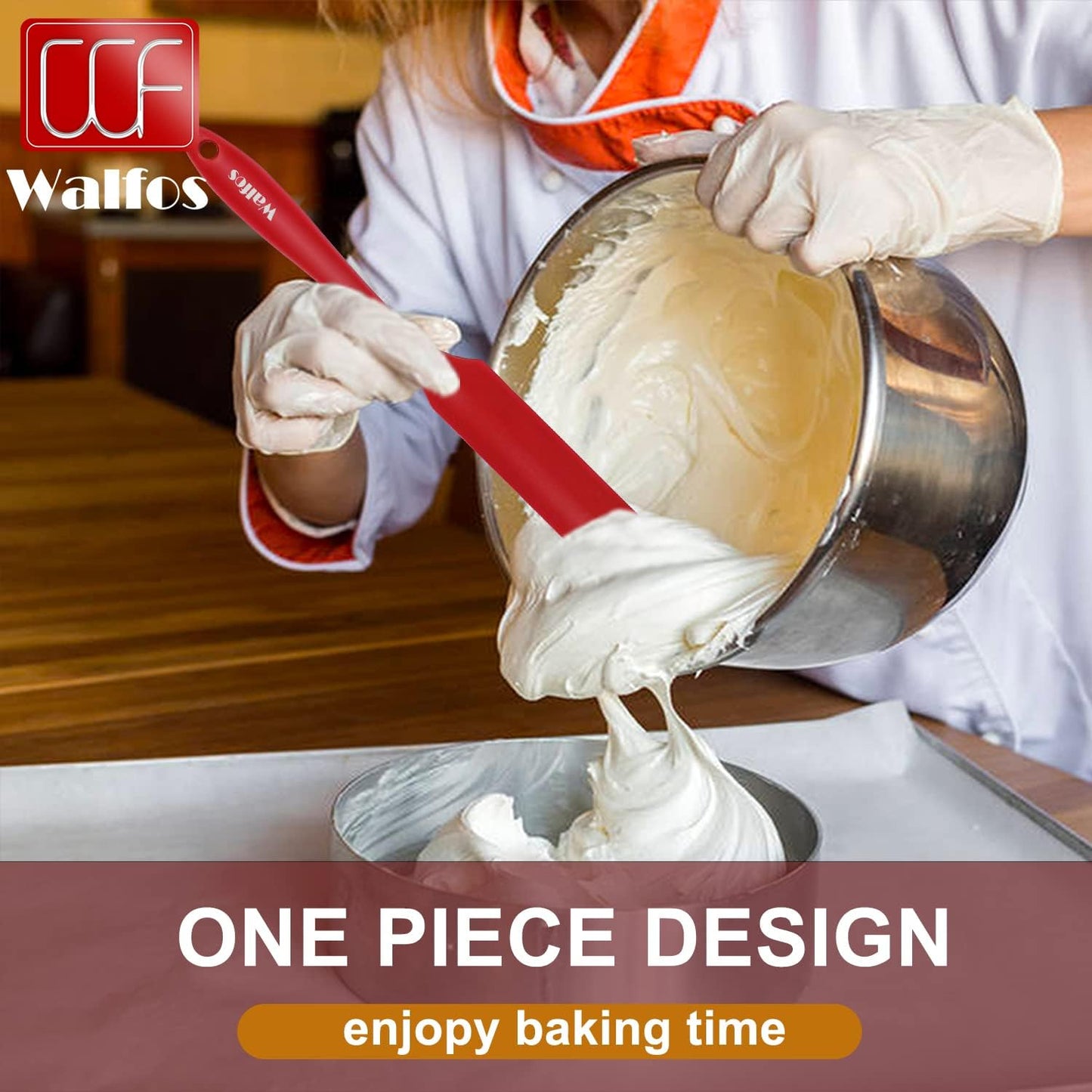 Walfos Silicone Jar Spatula - 600ºF Heat Resistant Kitchen Spatulas(2pcs), Strong Steel Core & One-Pieces Design,Mixing Batter & Cake Cream Spatulas, for Cooking & BPA Free & Dishwasher Safe, Red