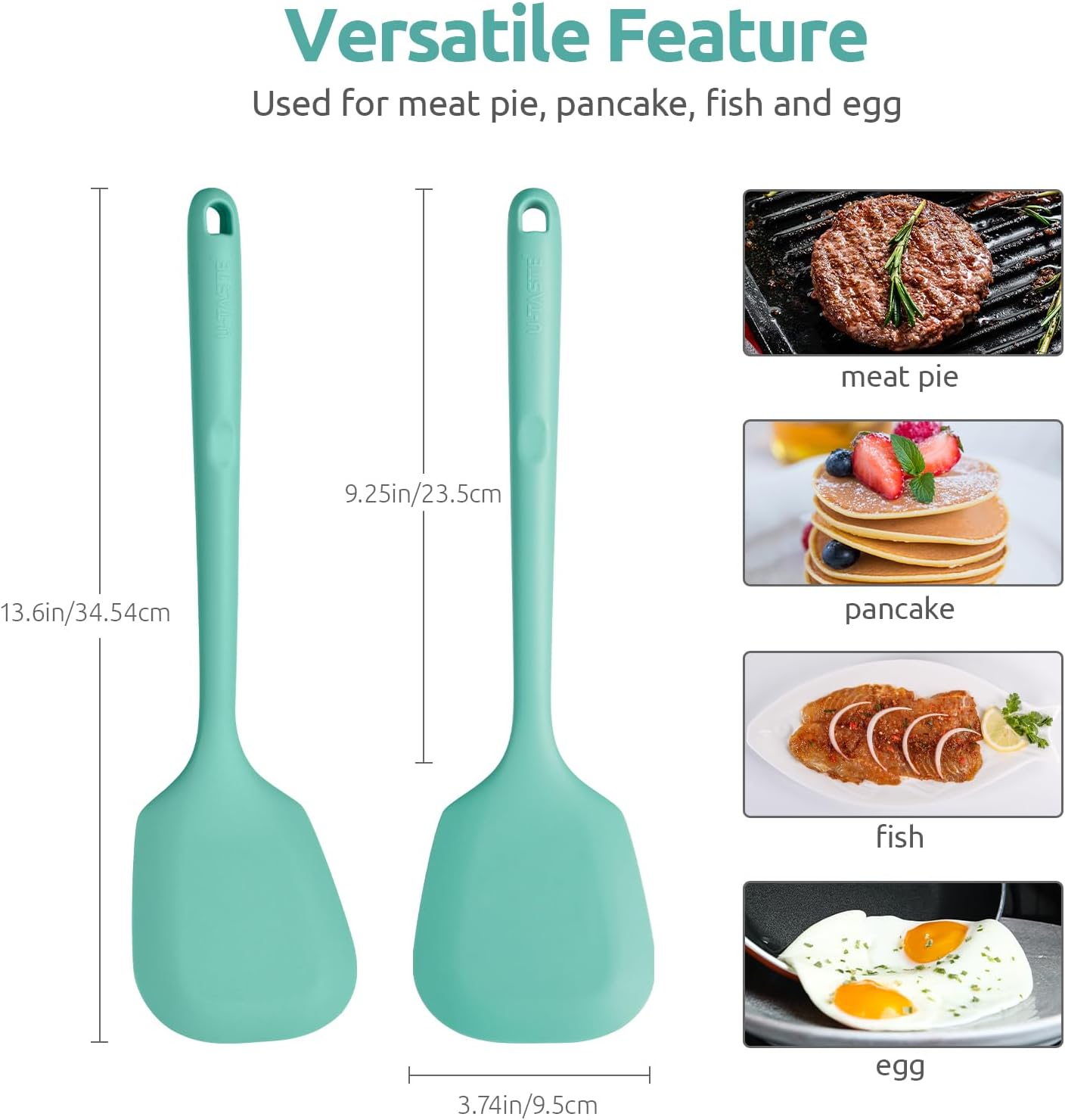 13.6" Solid Silicone Turner: U-Taste 600ºF Heat Resistant Kitchen Spatula Flipper, Food Grade Flexible Wide Seamless Rubber Cooking Utensil for Egg, Pancake, Burger in Nonstick Cookware (Aqua Sky)