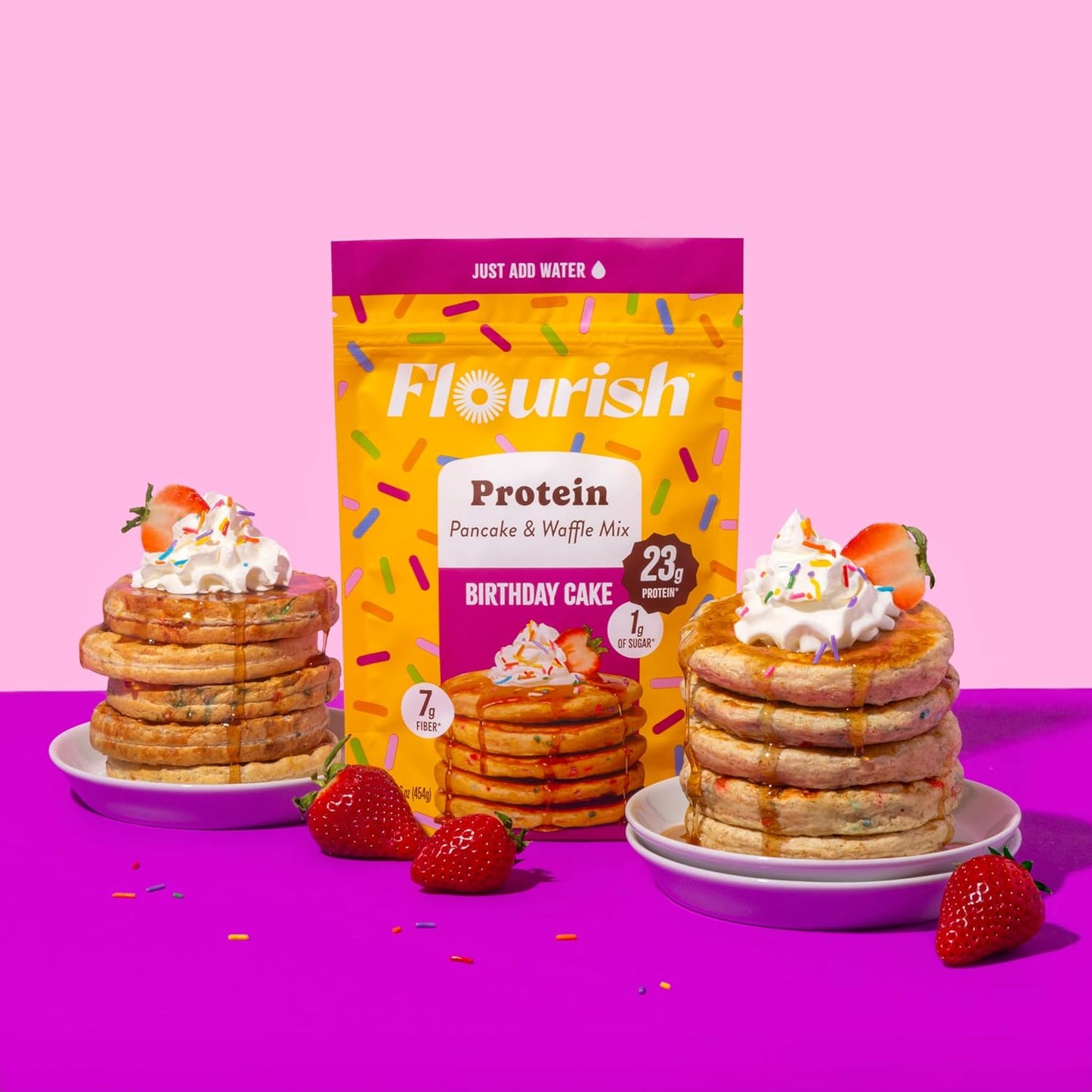 Flourish Protein Pancake & Waffle Mix, with Whey Protein & Flax Seed, No Added Sugar, High in Protein & Fiber - Just Add Water - Birthday Cake Flavour, 430g (3 Pack) - Made in Canada