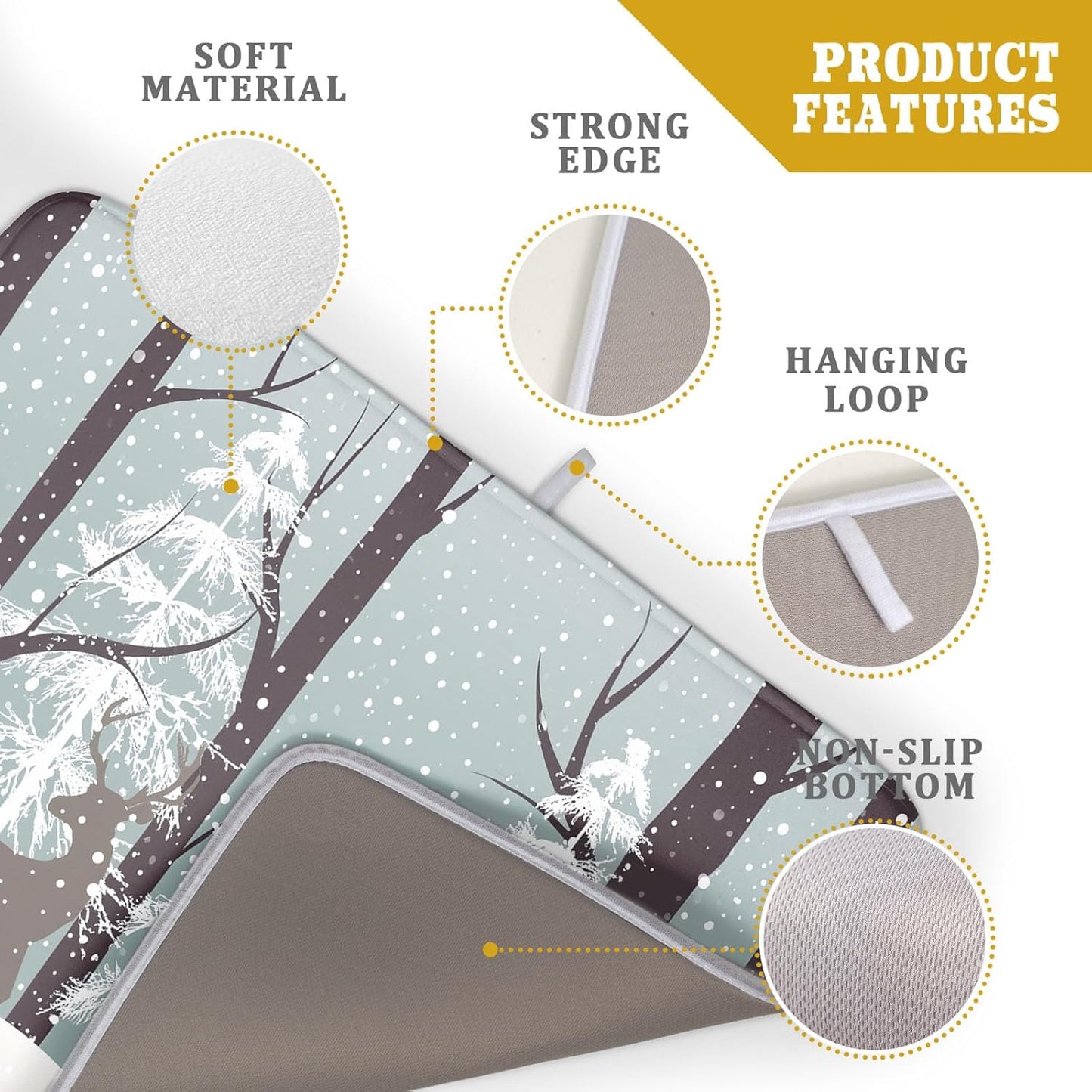 Winter Wildlife Deer Dish Drying Mat for Kitchen Counter,Xmas Landscape Snow Tree Ivory Drying Mat 18 x 24 Inch with High Absorbent Microfiber Drainer Mat for Coffee Bar