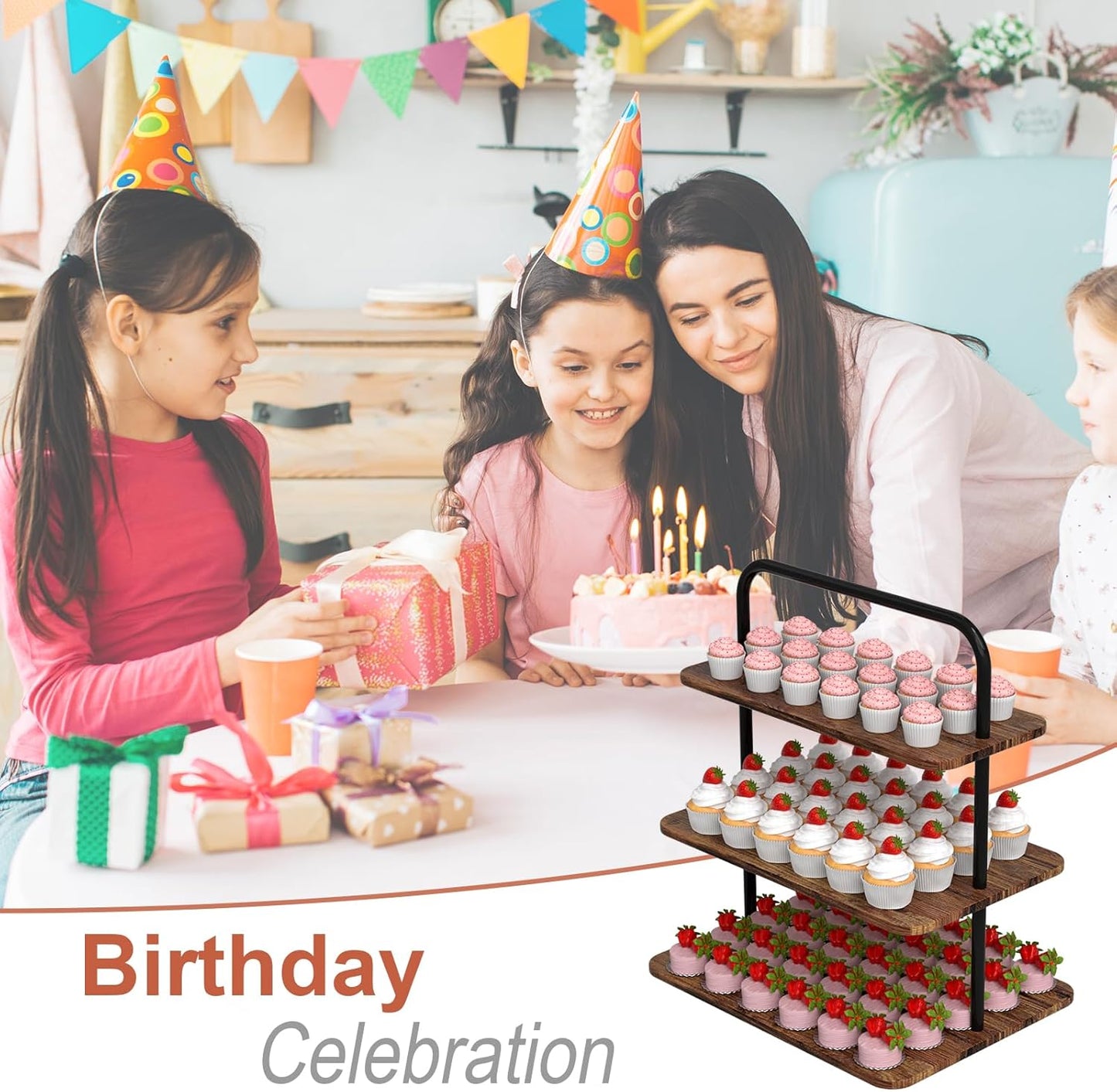 Cupcake Stand, 3-Tier Dessert Stand for 68 Cupcakes, Wood & Metal Tower Display Premium Holder Dessert Tree Tower for Wedding Graduation Birthday Christmas Party, Serving Tray