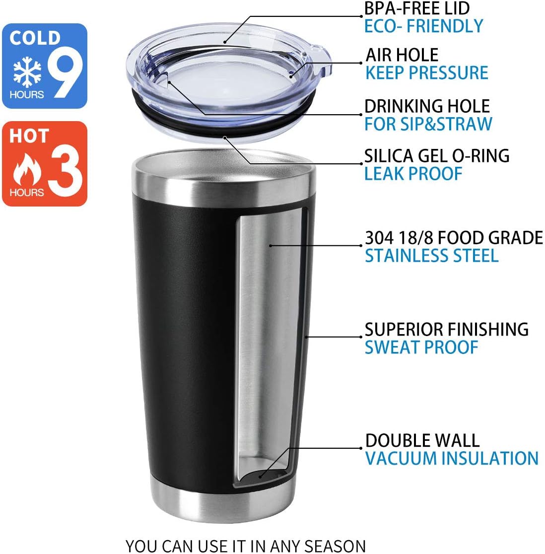 HASLE OUTFITTERS 20oz Tumblers Bulk Stainless Steel Cup with Lid Double Wall Vacuum Insulated Coffee Mug for Cold & Hot Drinks 8 Pack, Black