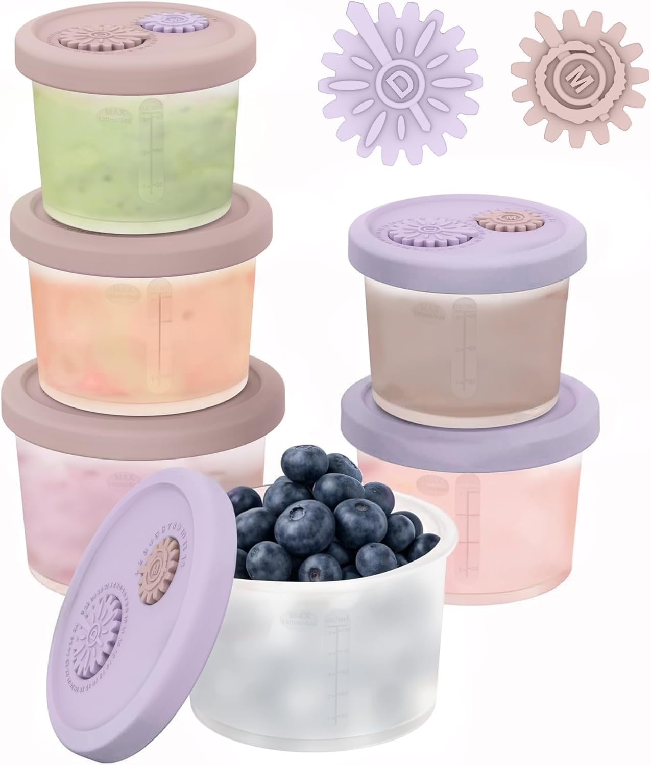 Silicone Baby Food Containers with Date-Tracking Lids, 6-Pack Reusable Snack Containers Food Storage Jars for Infants, Microwave, Dishwasher & Freezer Safe, 3 Sizes