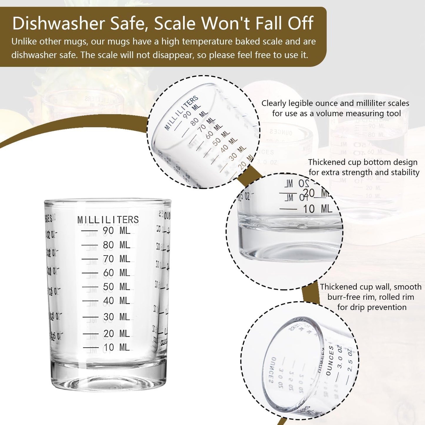 2 Pack Shot Glass Measuring Cup Set,3 oz/90ML Liquid Heavy High Espresso Glass Cup,Dishwasher Safe,Measurement of Dry and Liquid Ingredients(Black)