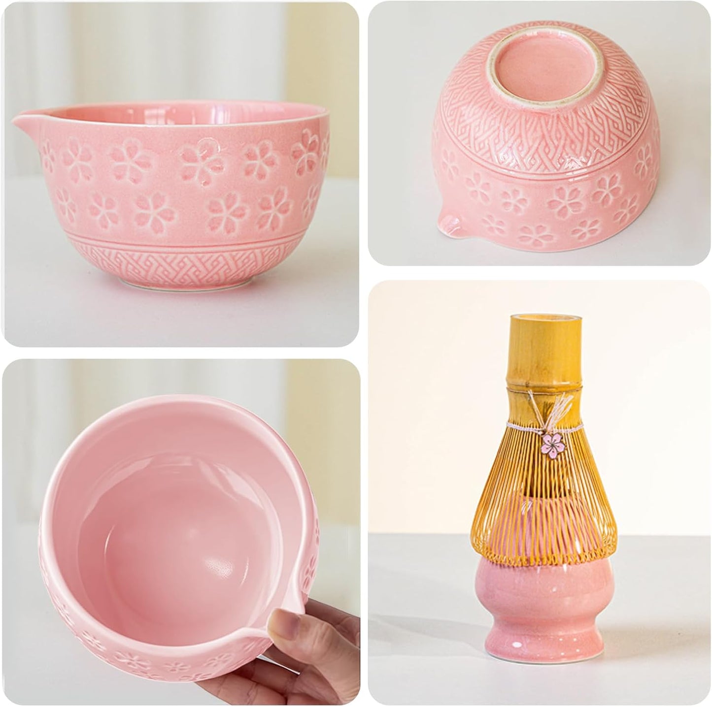 8 Pcs Matcha Whisk Set: Pink Matcha Tea Set Includes Ceramic Bowl, Whisk and Holder, Bamboo Scoop, Scoop Rest, Sifter and Tea Towel - Matcha Making Kit for Matcha Lovers