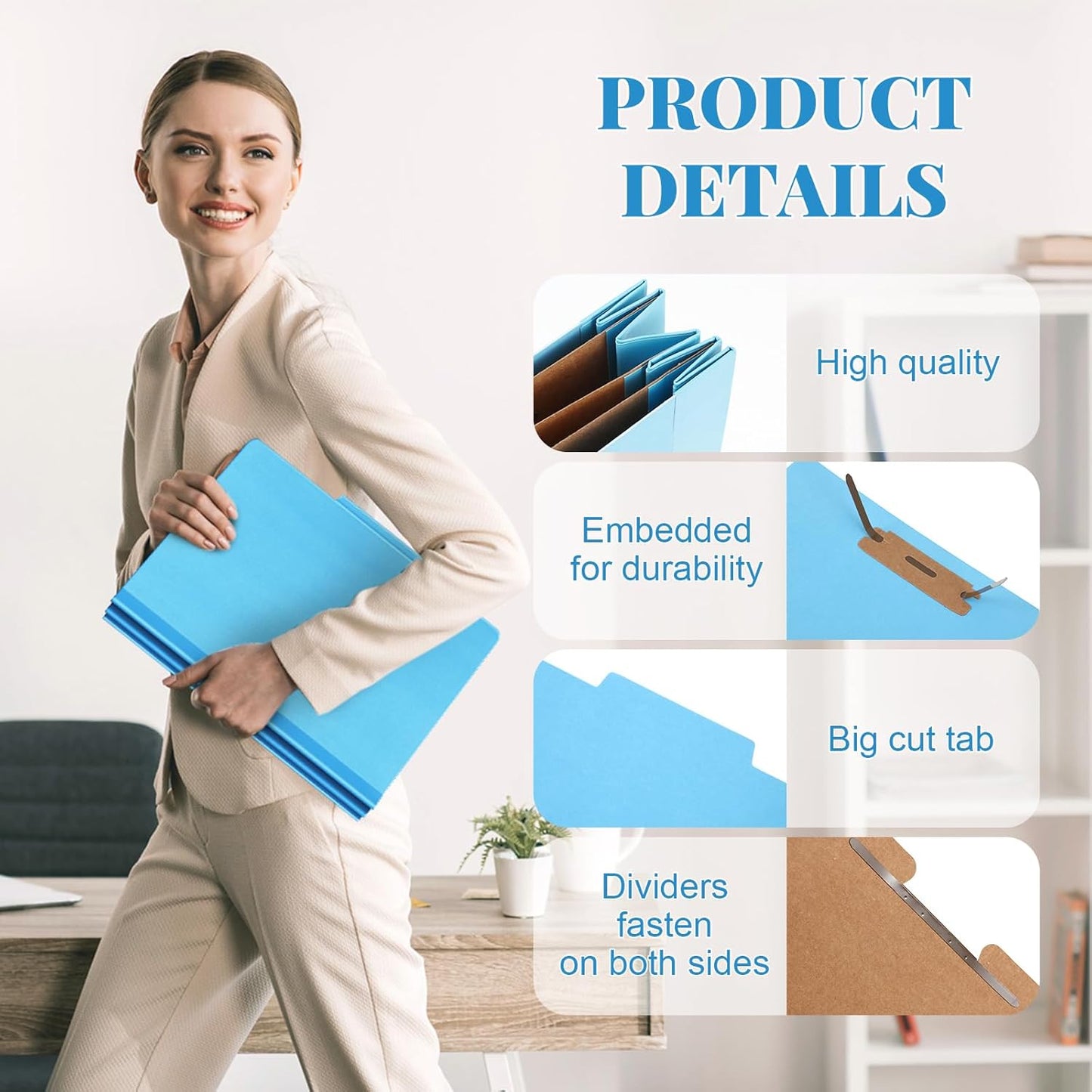 12 Pcs Classification Folders Letter Size, Back to School Supply for Teacher, Student, 3 Dividers Pressboard File Folder Bulk with 2 Fasteners, 3.5 Inch Expanding File Organizer (Blue)