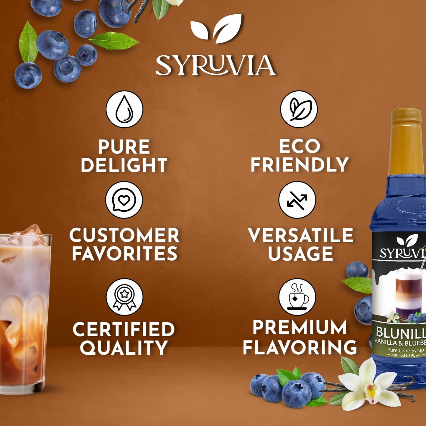 Syruvia BLUNILLA Coffee Syrup Vanilla Blueberry - 25.4 fl oz - Kosher Syrups, Gluten Free, No Coloring, Perfect for Drinks, Soda, Shakes, Desserts, and More.