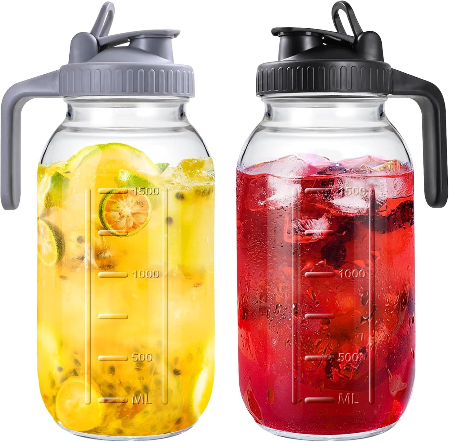 Mason Jar Pitcher, 64 OZ 2 Pack Glass Pitcher with Lid Double Leak-proof with Handle Water Jug Wide Mouth Breast Milk Pitcher Fridge Container for Water, Juice, Iced Coffee, Tea, Juice - Black+Grey