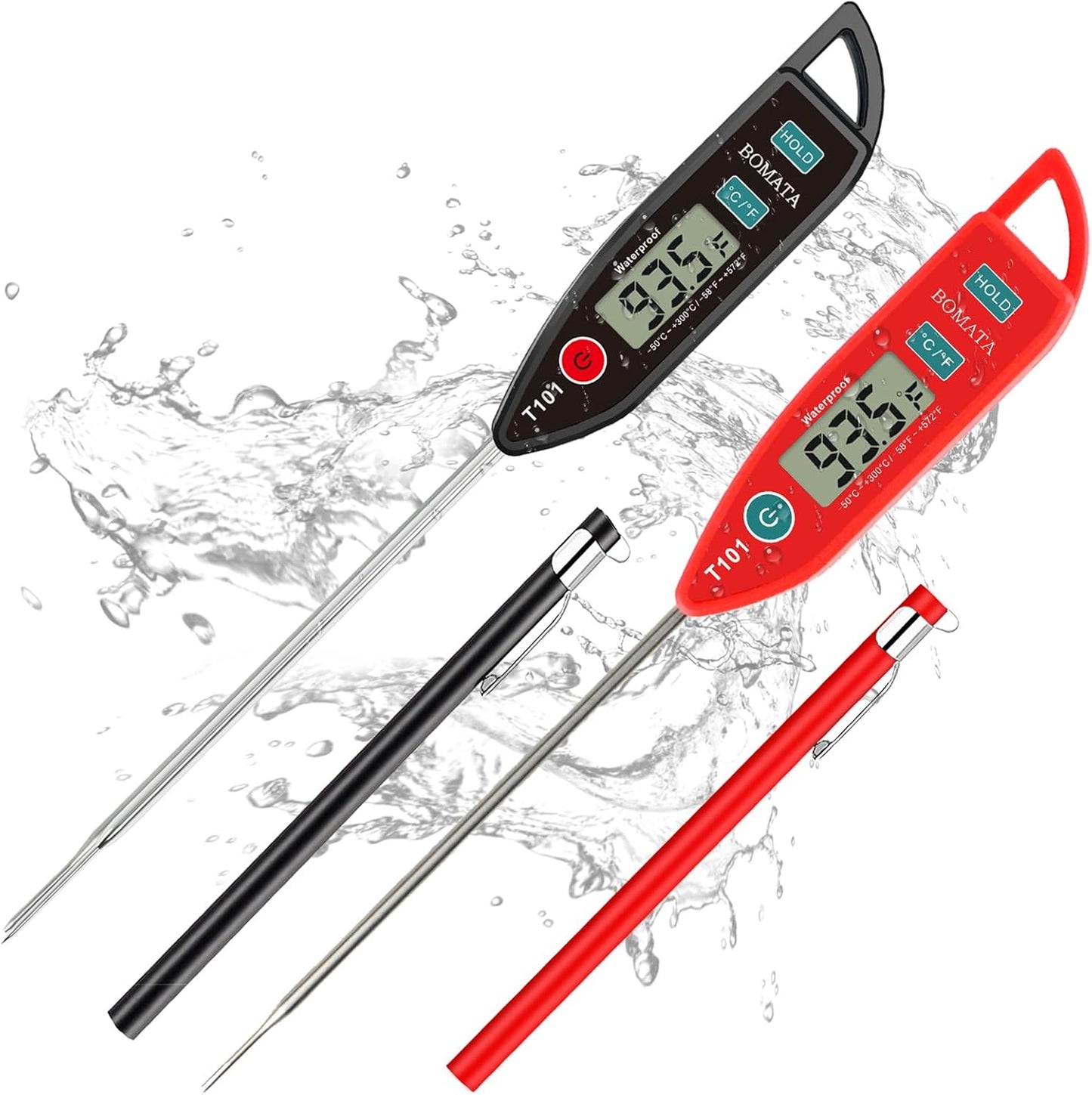 BOMATA 2 Pack Waterproof IPX7 Meat Thermometer Instant Read Food Thermometer with Long Probe for Water, Liquid, Kitchen Cooking, Grill,BBQ ! T101 X 2 Pcs (Black & Red)…