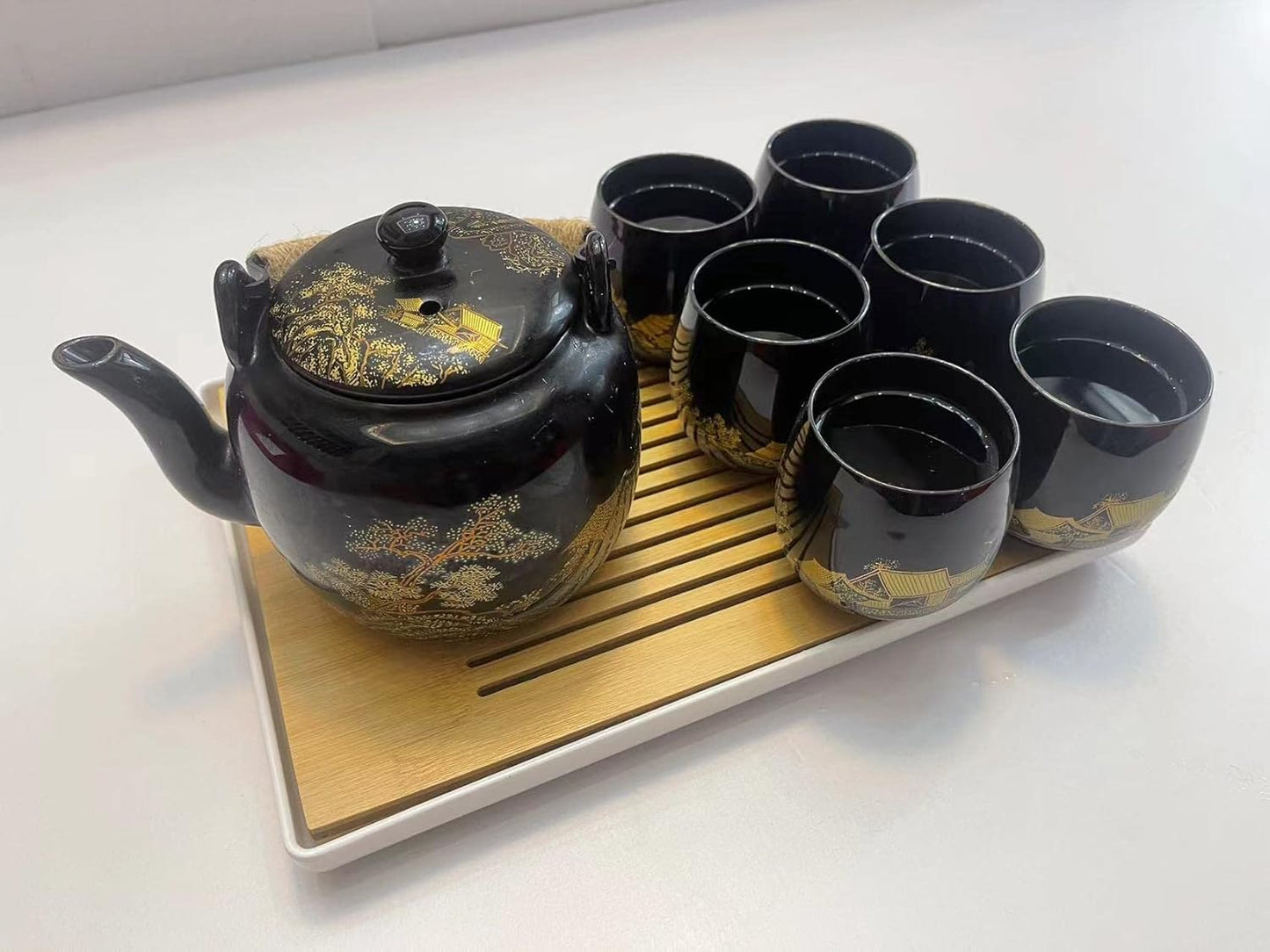 Japanese Tea Set, Black Glazed Tea Set in Gift Box With 1 Teapot, 1 Tea Strainer, 1 Tea Tray and 6 Tea Cups. Ideal Tea Set for Office Home, Asian Tea Sets for Tea Lovers(Country Black)