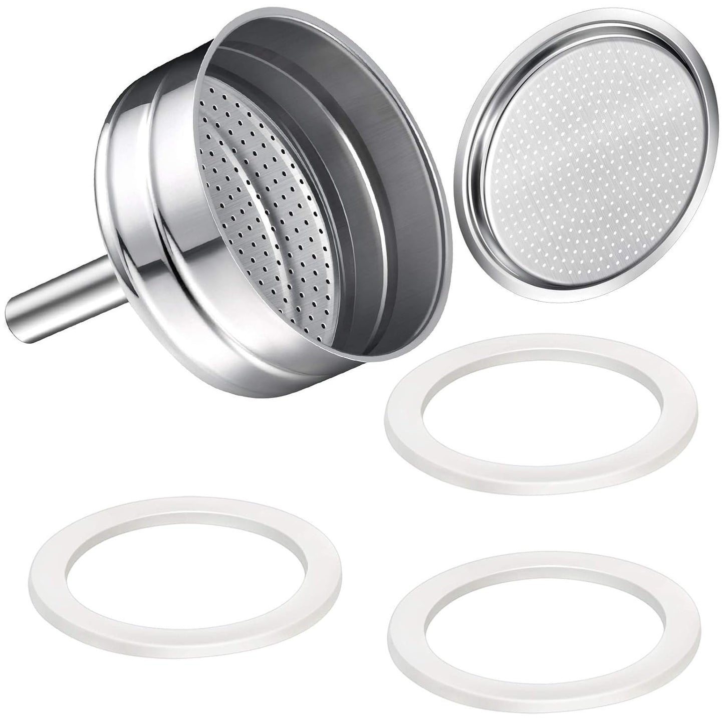 Moka Express Replacement Funnel Kit, 3 Packs Gasket Seals, 1 Stainless Steel Funnel with 1 Pack Stainless Filter (3-Cup)
