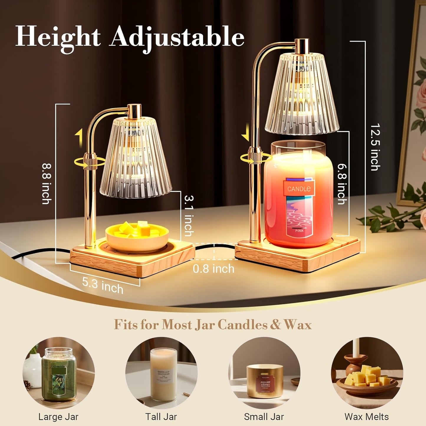 Candle Warmer Lamps 2 Pack, Electric Wax Warmer Lamp with Timer for Jar Candles, Aesthetic Home Decor, Housewarming Gifts for Women, Adjustable Height Clear