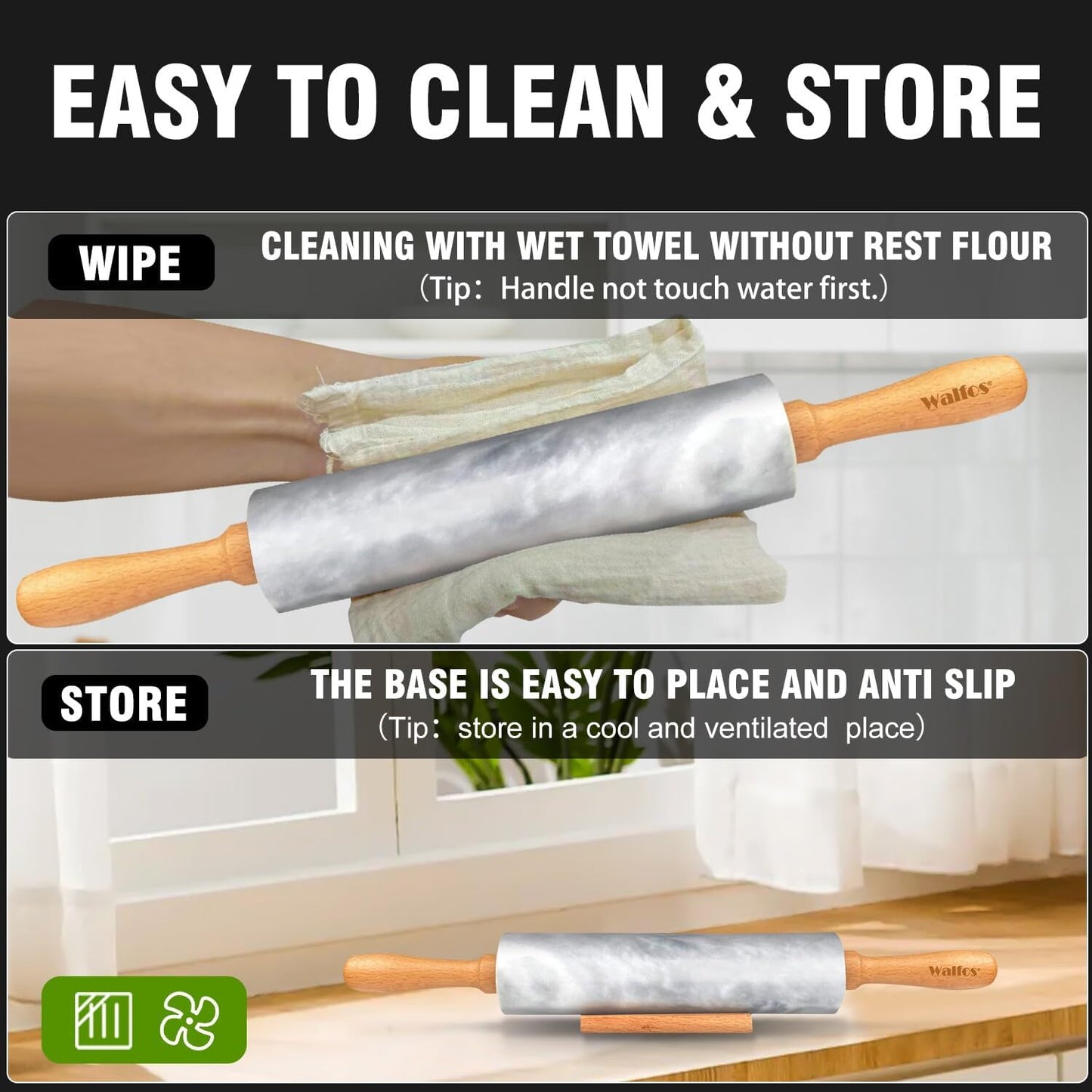 Walfos Marble Rolling Pin With Wooden Handles & Wood Cradle, 16.5 Inch Marble Rolling Pins For Making Pizza Dough And Tortillas, Dough Roller For Pie Crust, Cookie, Pasta (Gray & White)