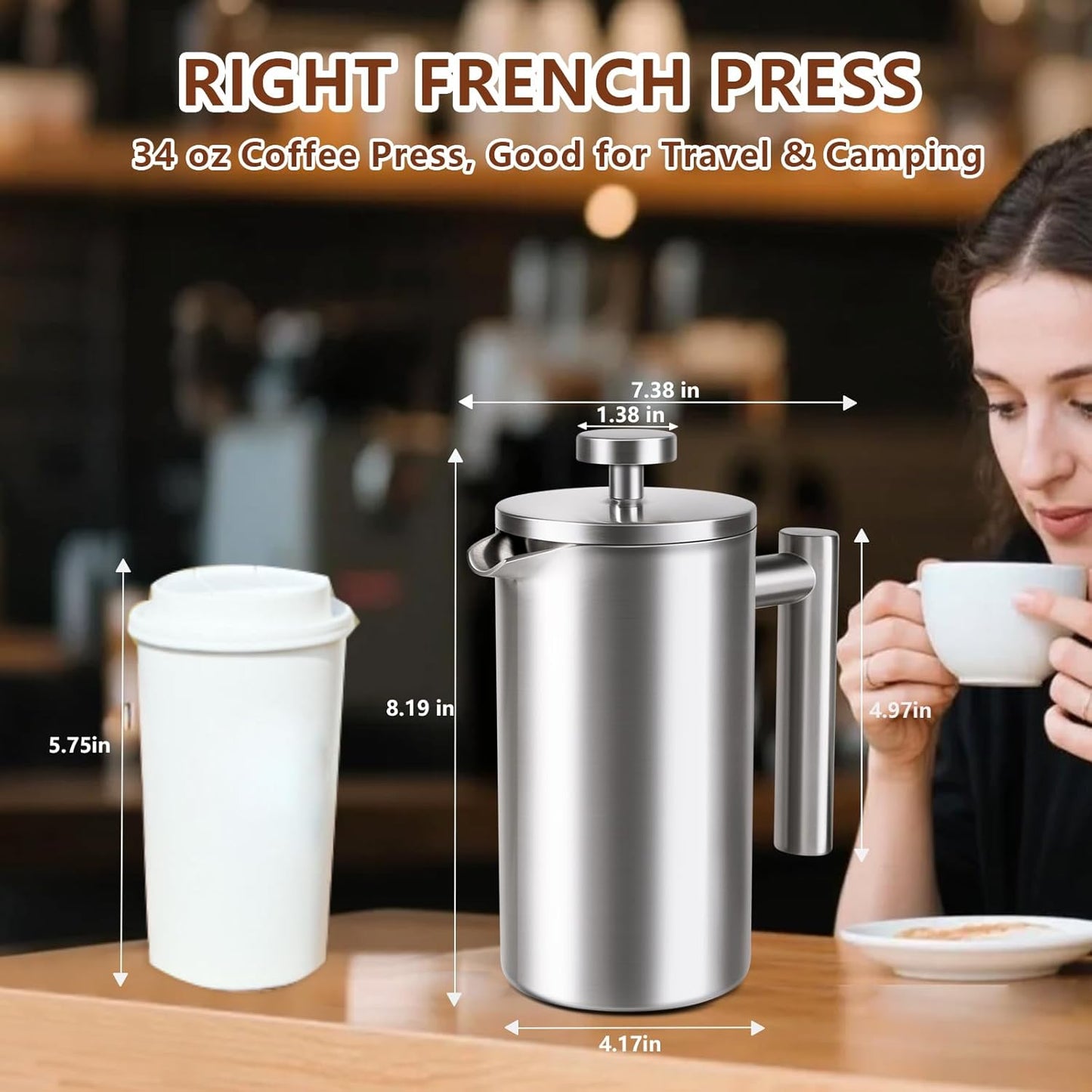 French Press 34 oz, Full Stainless Steel French Press Coffee Maker 4 Cups, Upgrated Double-Walled Insulated French Coffee Presses, Food Grade Good for Kitchen Camping, Dishwasher Safe 2 More Filters