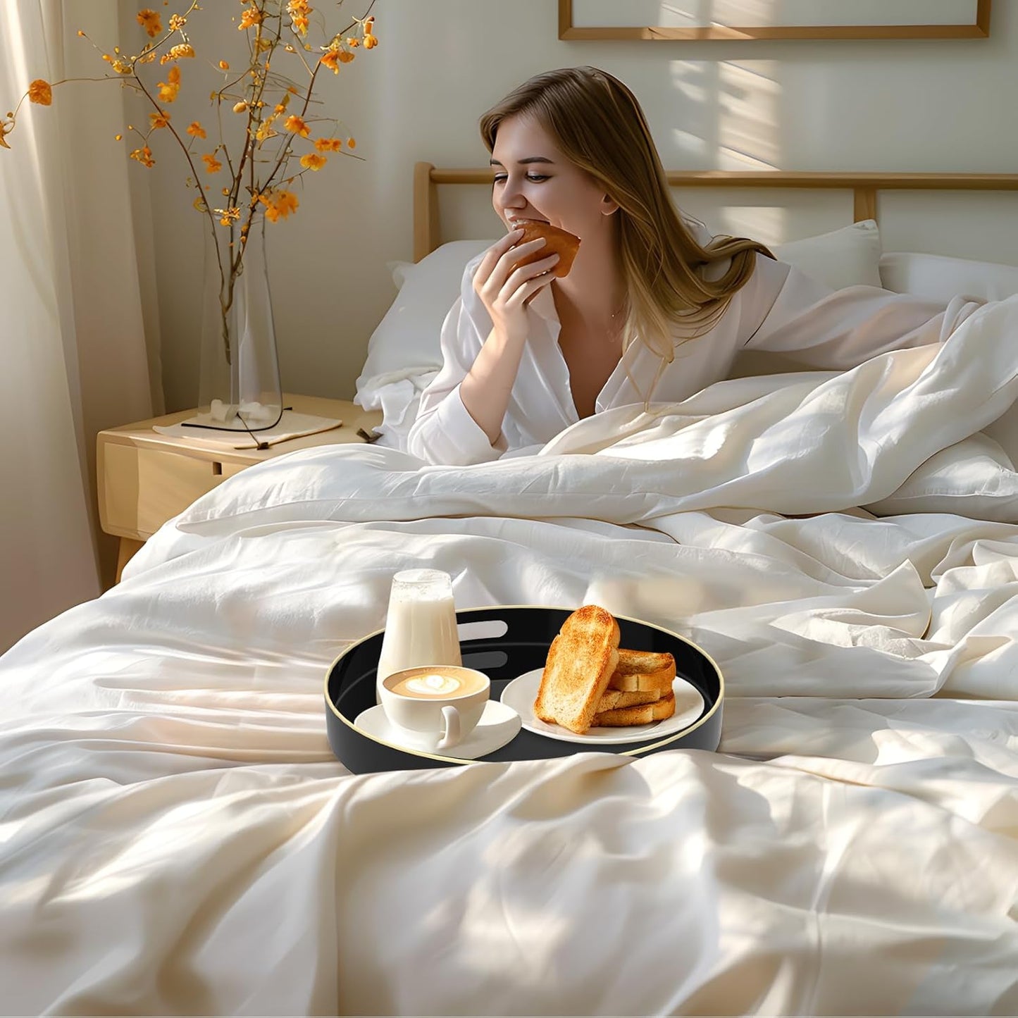 MAONAME Black Decorative Tray for Coffee Table, Modern Round Serving Tray with Handles, 13" Plastic Tea Trays for Ottoman, Bathroom Decor