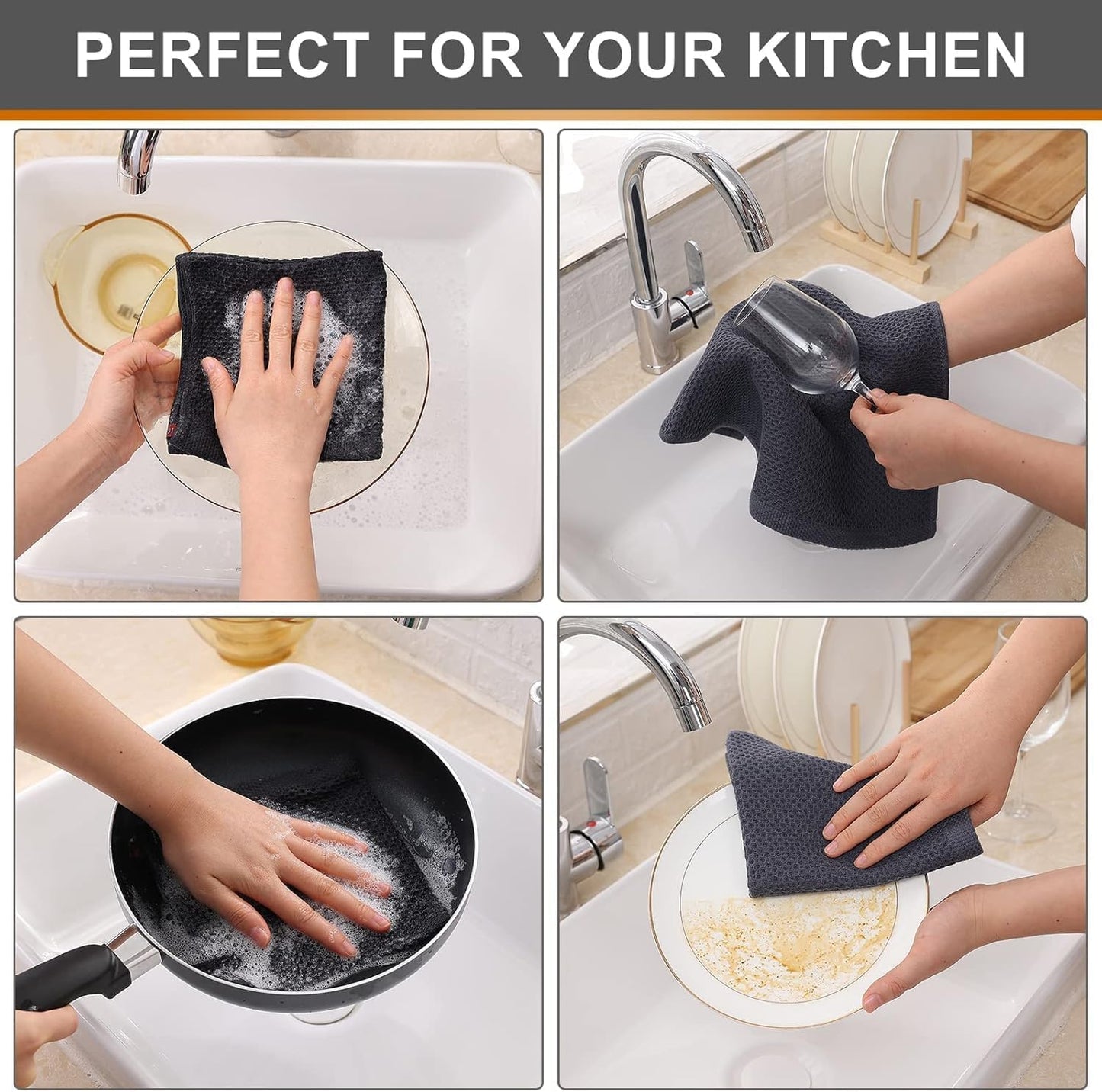 Kitinjoy 100% Cotton Waffle Weave Kitchen Towels, 12-Pack Super Soft and Absorbent Kitchen Dish Towels for Drying Dishes, Kitchen Hand Towels, 13 in x 28 in, Dark Grey