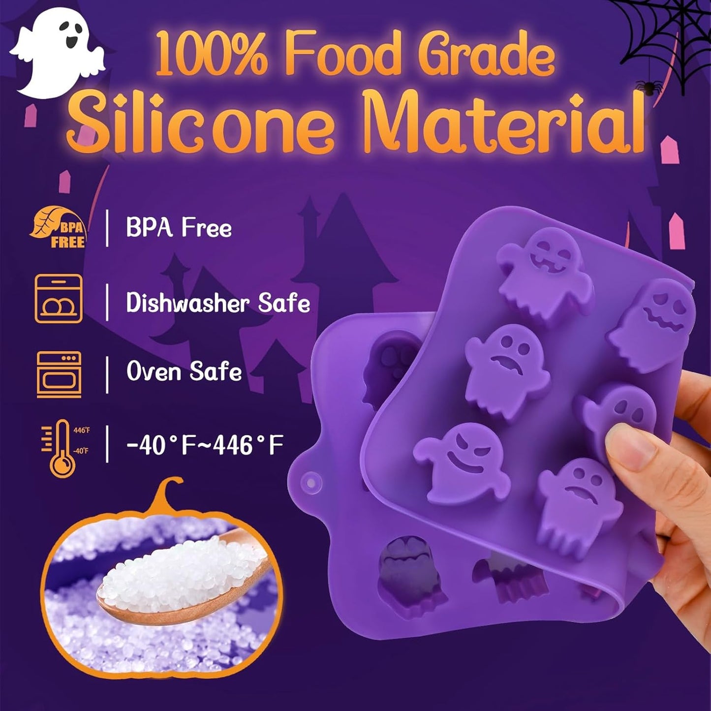 JOERSH Halloween Chocolate Silicone Molds, 4PCS Pumpkin Ghost Shaped Candy Mold Non Stick Baking Pan for DIY Chocolate, Fondant, Jello, Gummy, Candy, Cake Topper, Dessert Decorating