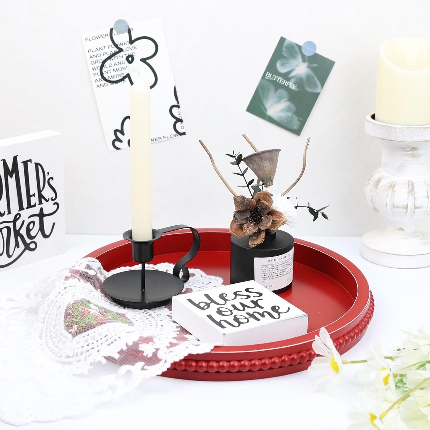 Red Round Wood Decorative Ottoman Tray for Coffee Table Kitchen Counter, Living Room, Handcrafted Wooden Serving Tray for Table Centerpiece