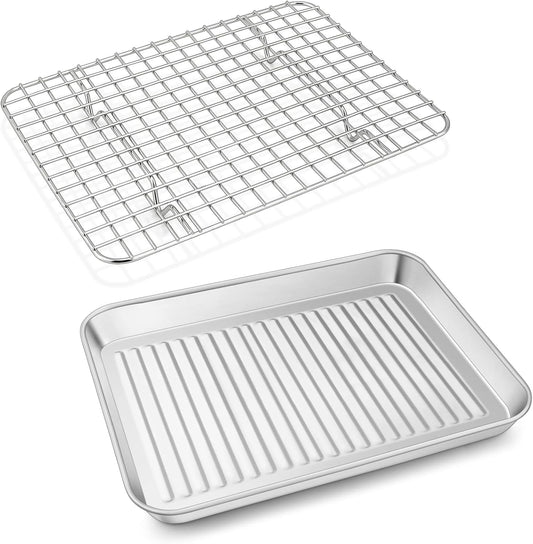 P&P CHEF Baking Oven Pan with Wire Rack, Stainless Steel Baking Oven Sheet Tray, Bacon Pan and Cooling Rack for Cooking Roasting Cookie, Dishwasher Safe & Easy Clean, 10.5 x 8 x 1 Inch