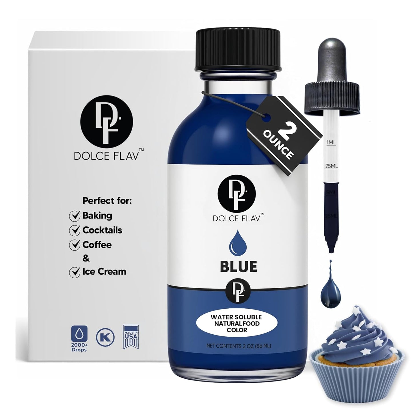 Dolce Flav Natural Blue Food Coloring – 2 oz Vibrant Plant-Based Color from Spirulina | Water-Soluble Liquid Dye for Baking, Drinks & Frostings | Graduated Dropper Included | No Artificial Dyes | Kosher | Made in USA