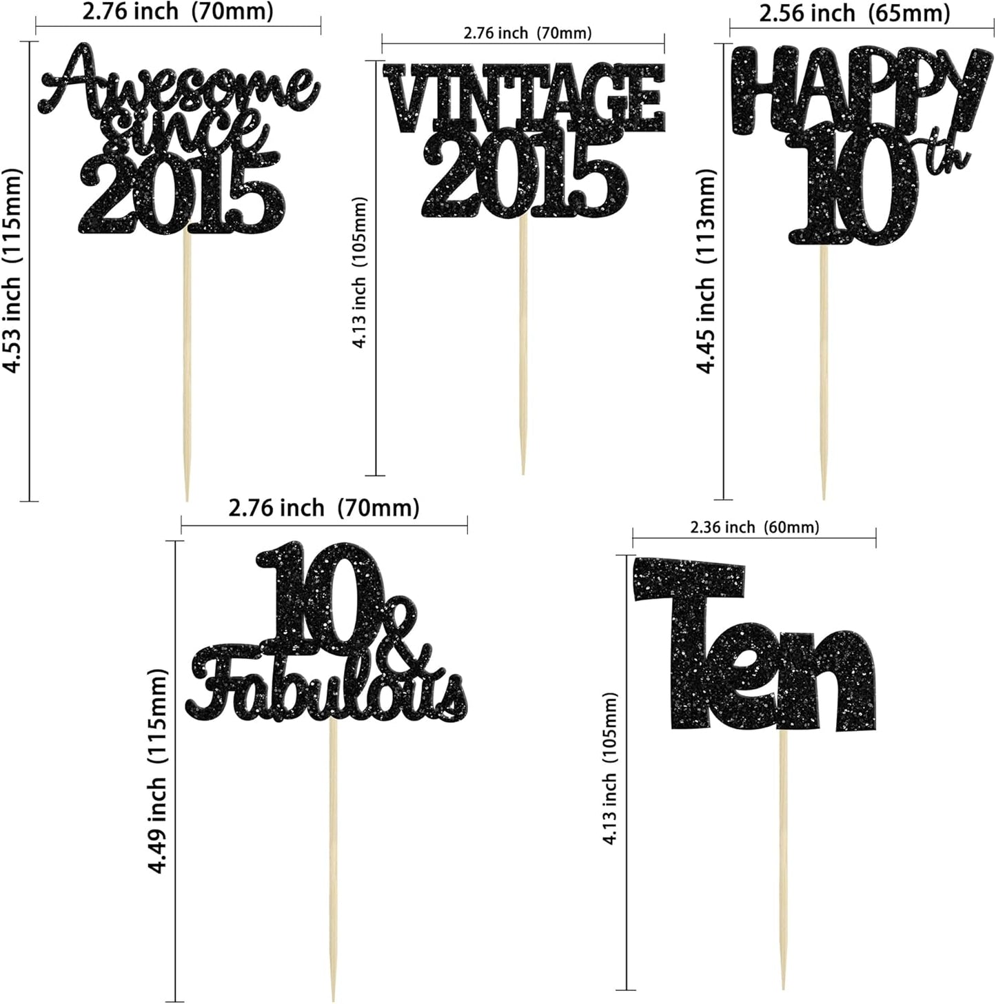 Gyufise 30Pcs Vintage 2015 Cupcake Toppers Glitter Ten Happy 10th Cupcake Picks Cheers to 10 Years Birthday Cake Decorations for Happy 10th Birthday Anniversary Party Supplies Black