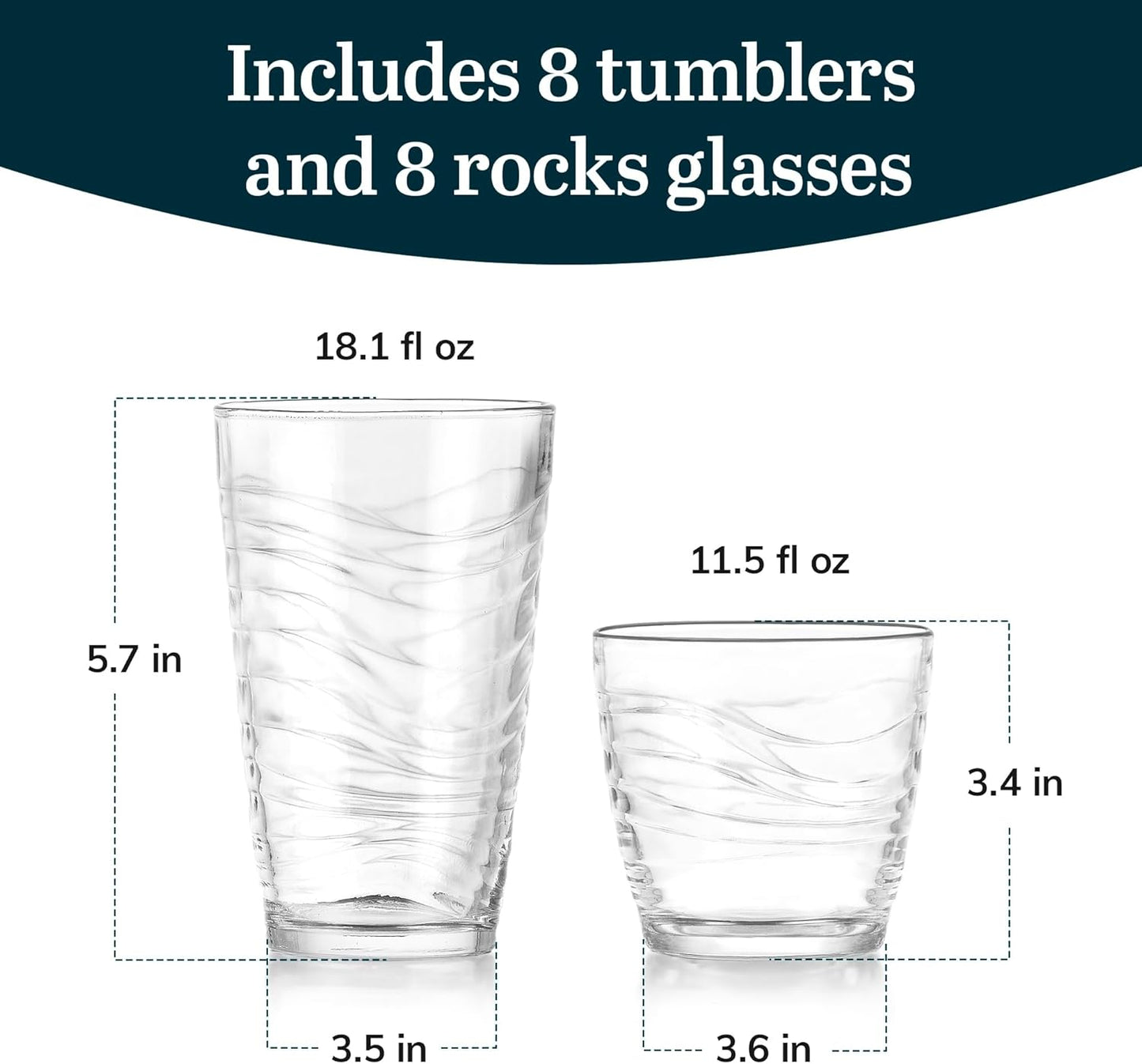 Libbey Orbita Tumbler and Rock Glass Set, Durable, Chip-Resistant Glass Cups Set with Wave Pattern, Glasses Drinking Set of 16 for Any Occasion