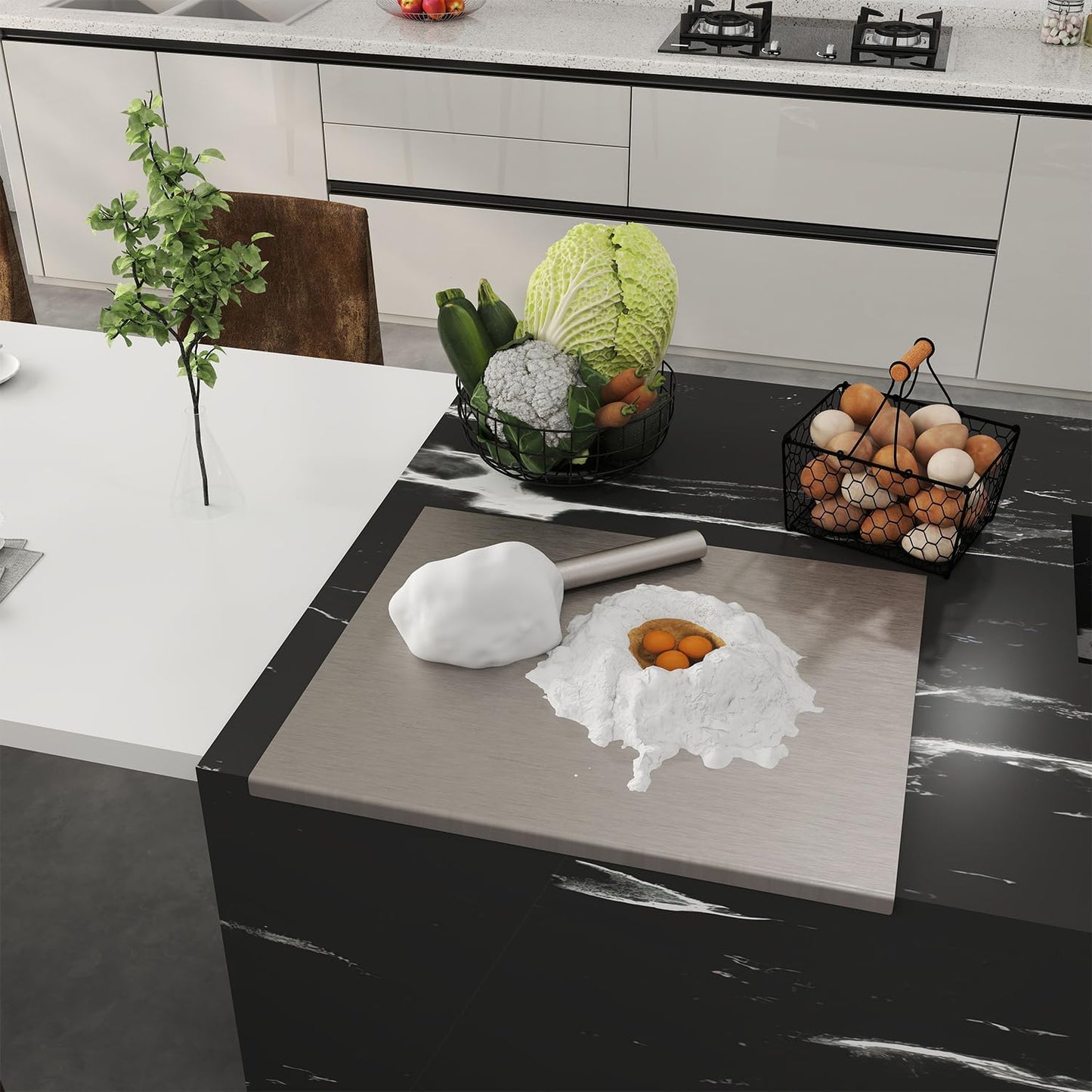 Stainless Steel Chopping Board Extra Large Cutting Board with Lip Stove Top Pastry Board Kneading Board Baking Board with Rolling Pin for Meat Vegetables Fruits Cheese Bread,31.5x 22.8 Inch