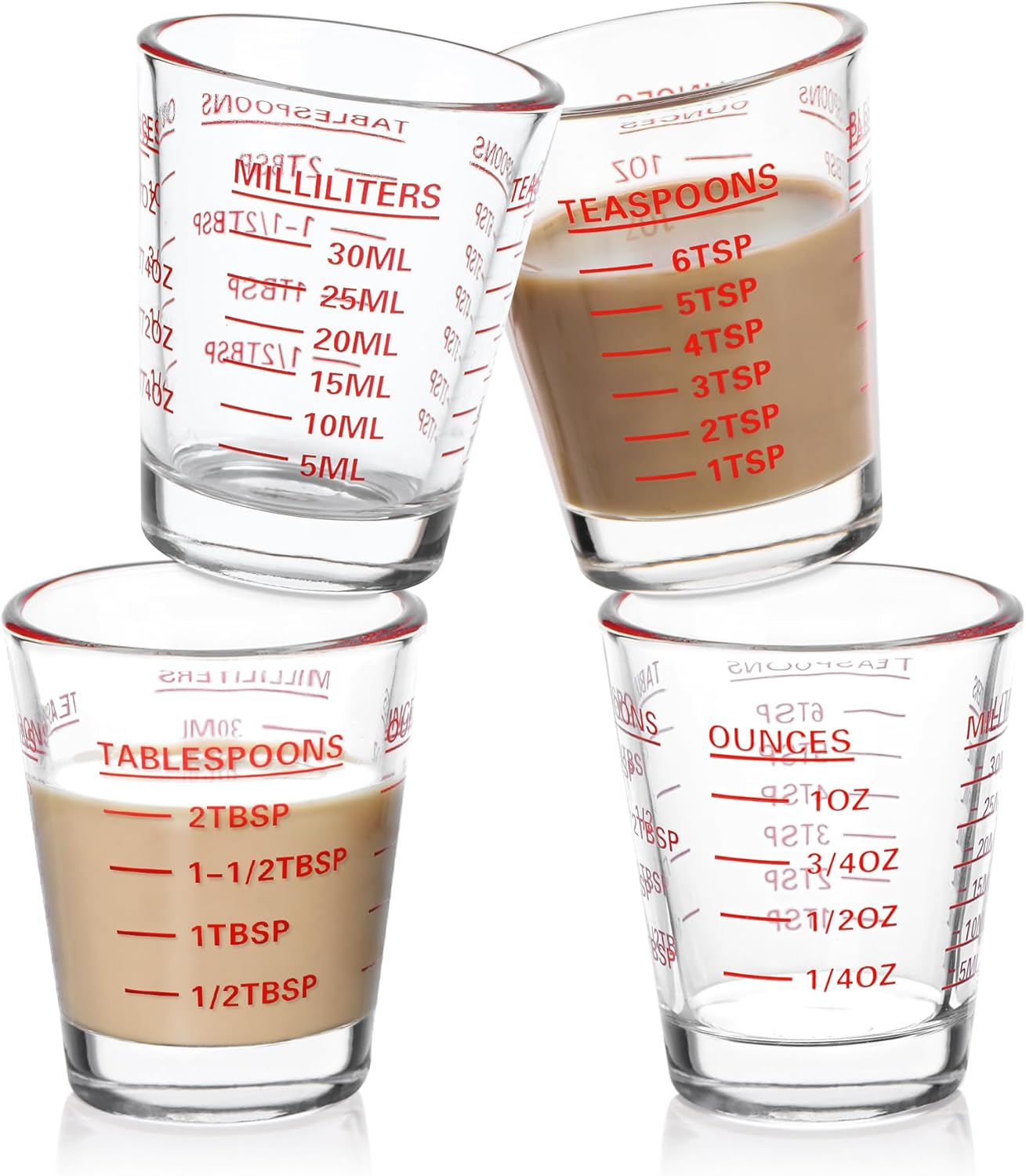 Shot Glasses Measuring Cup Set 4PACK Espresso Shot Glasses Liquid Heavy Glass 26-Incremental Measurement 1 OZ, 2 TBS, 6 TSP, 30 ML Kitchen Tools (Red)