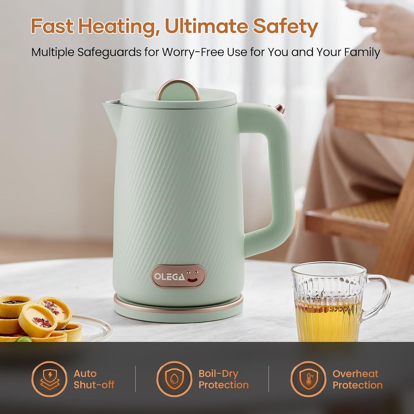 OLEGA Electric Kettle - 1500W Electric Tea Kettle 1.8L Stainless Steel Inner Electric Kettles for Boiling Water Auto Shut Off Boil-Dry Protection Electric Water Kettle for Coffee Tea Green