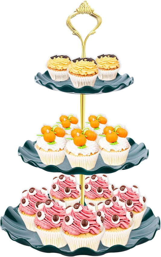 3 Tier Cupcake Stand Holder, Plastic Cup Cake Stand Tower with Tiered Serving Tray for Cupcakes, Donuts, Fruits and More (Green)